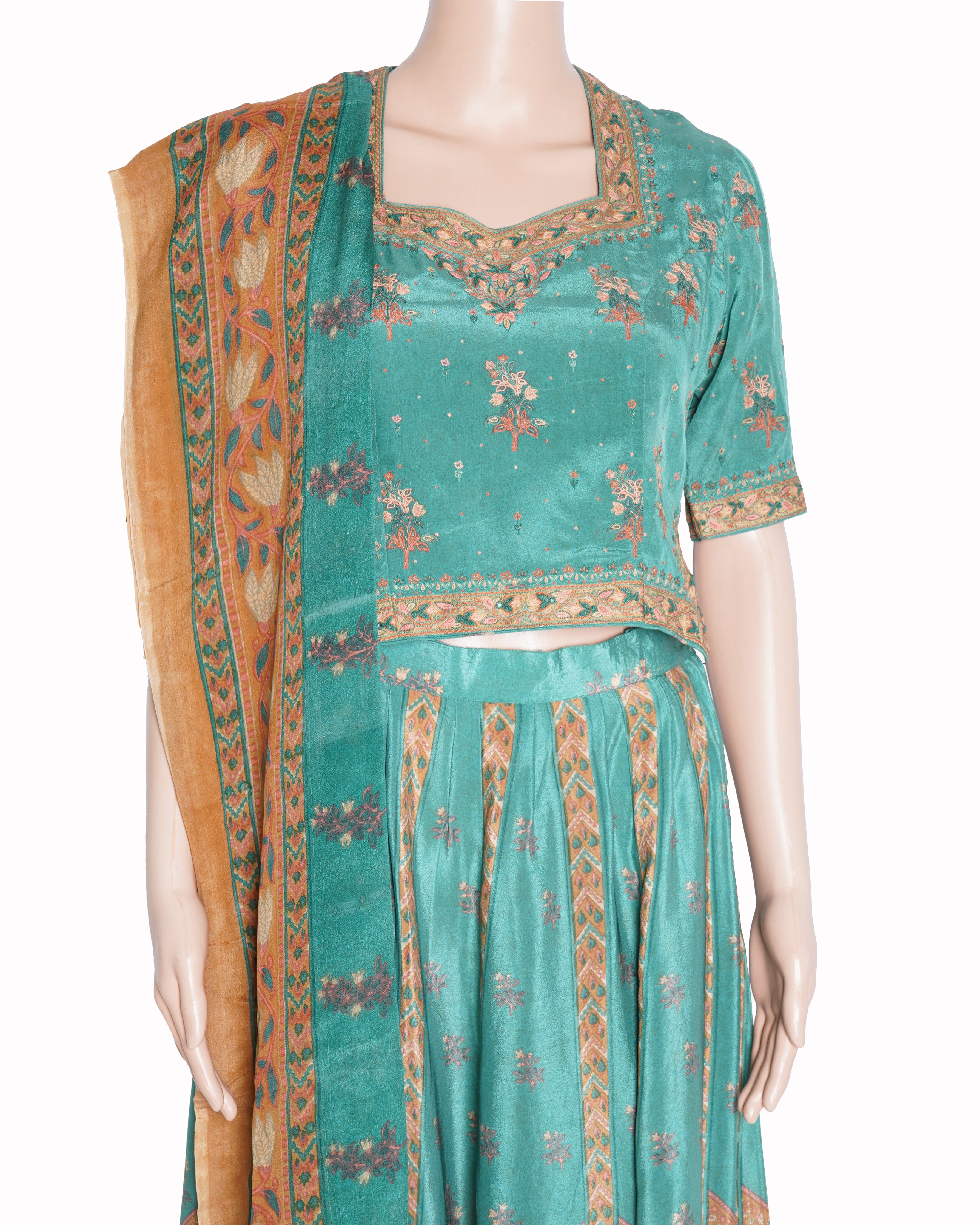 Ritu Kumar Sage Green Embroidered Silk Lehenga Set In Blue