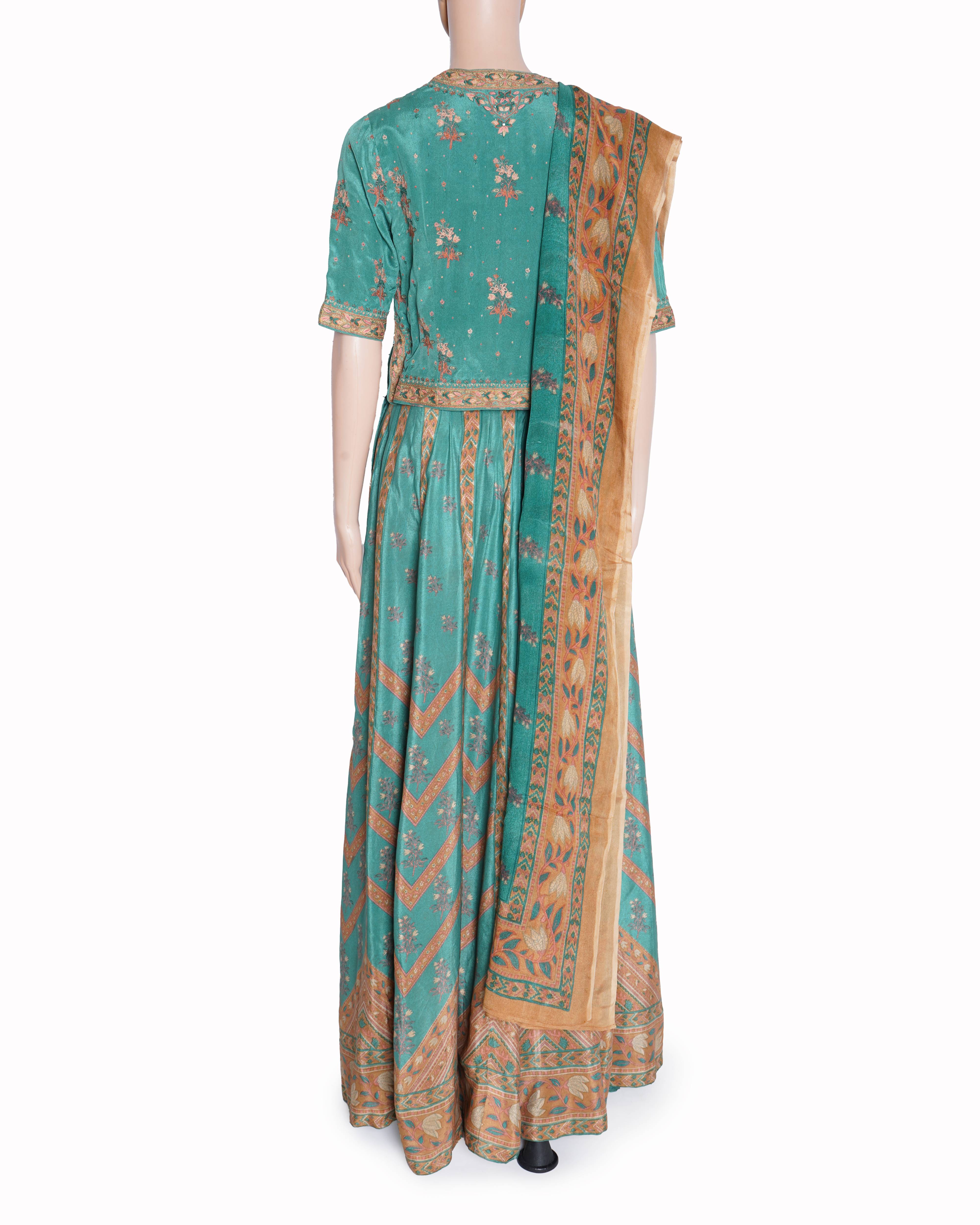 Ritu Kumar Sage Green Embroidered Silk Lehenga Set In Blue