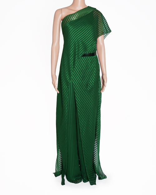 Amit Aggarwal Green Crinkled Chiffon Metallic Gown