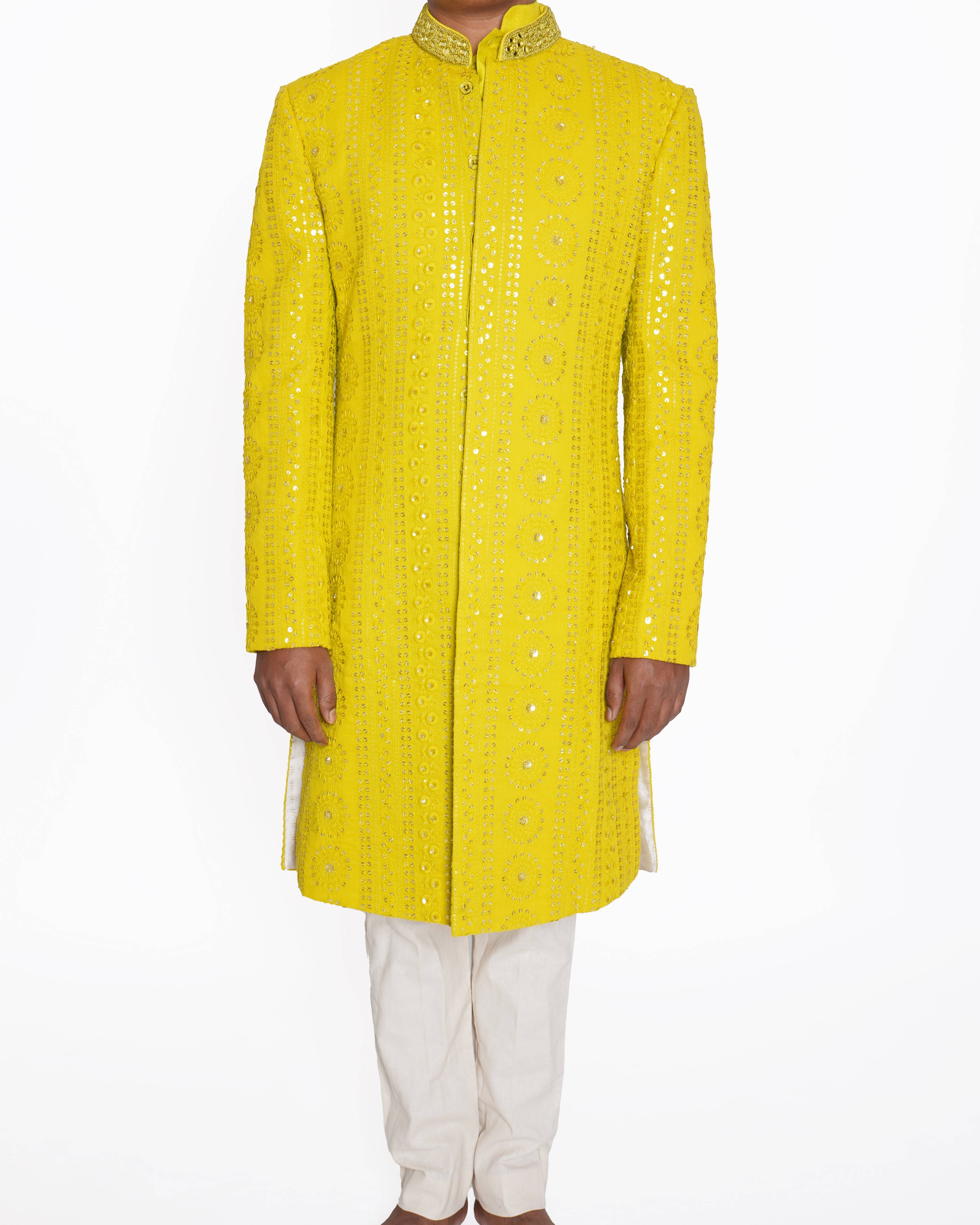 New Vikram phadnis Lime Yellow shervani set of 3