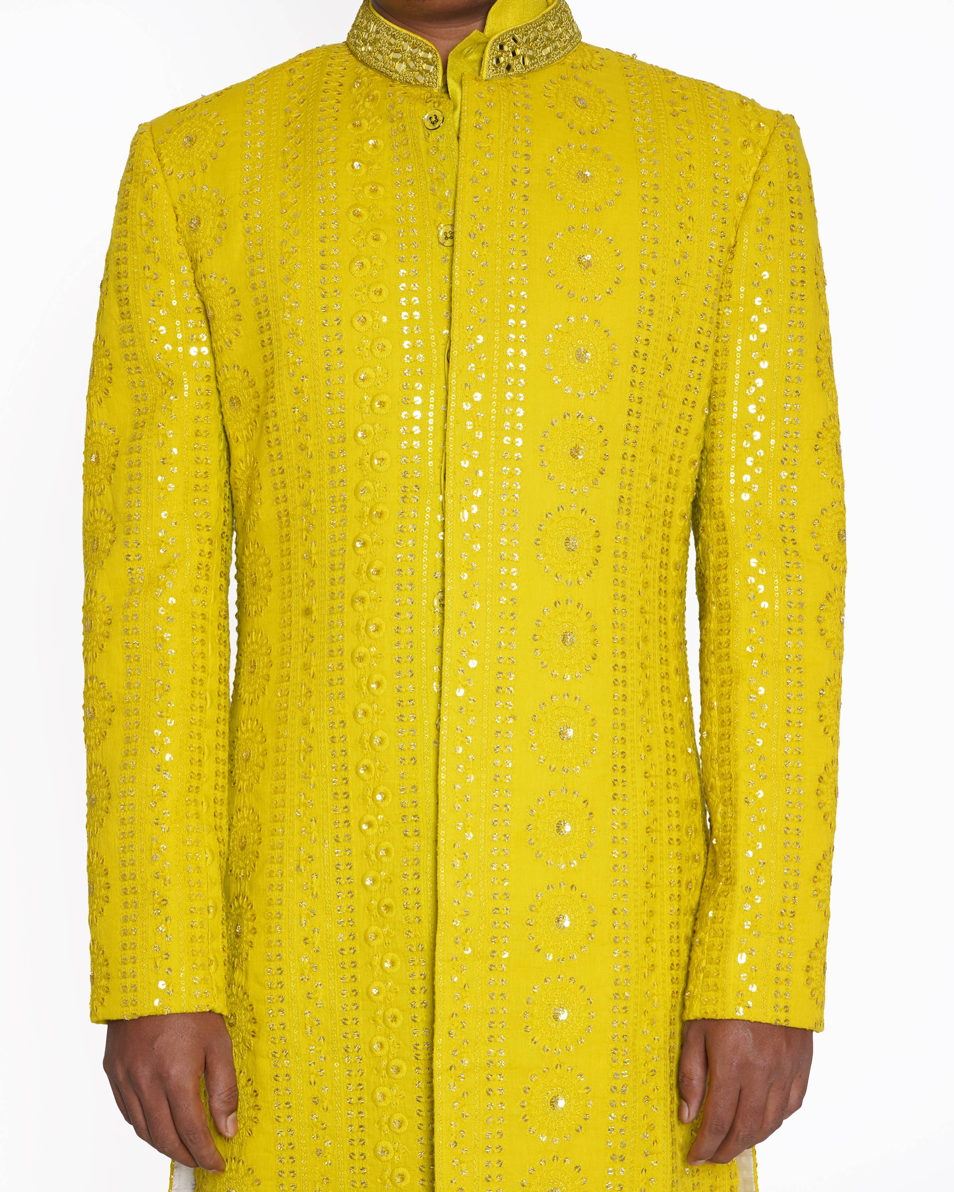 New Vikram phadnis Lime Yellow shervani set of 3