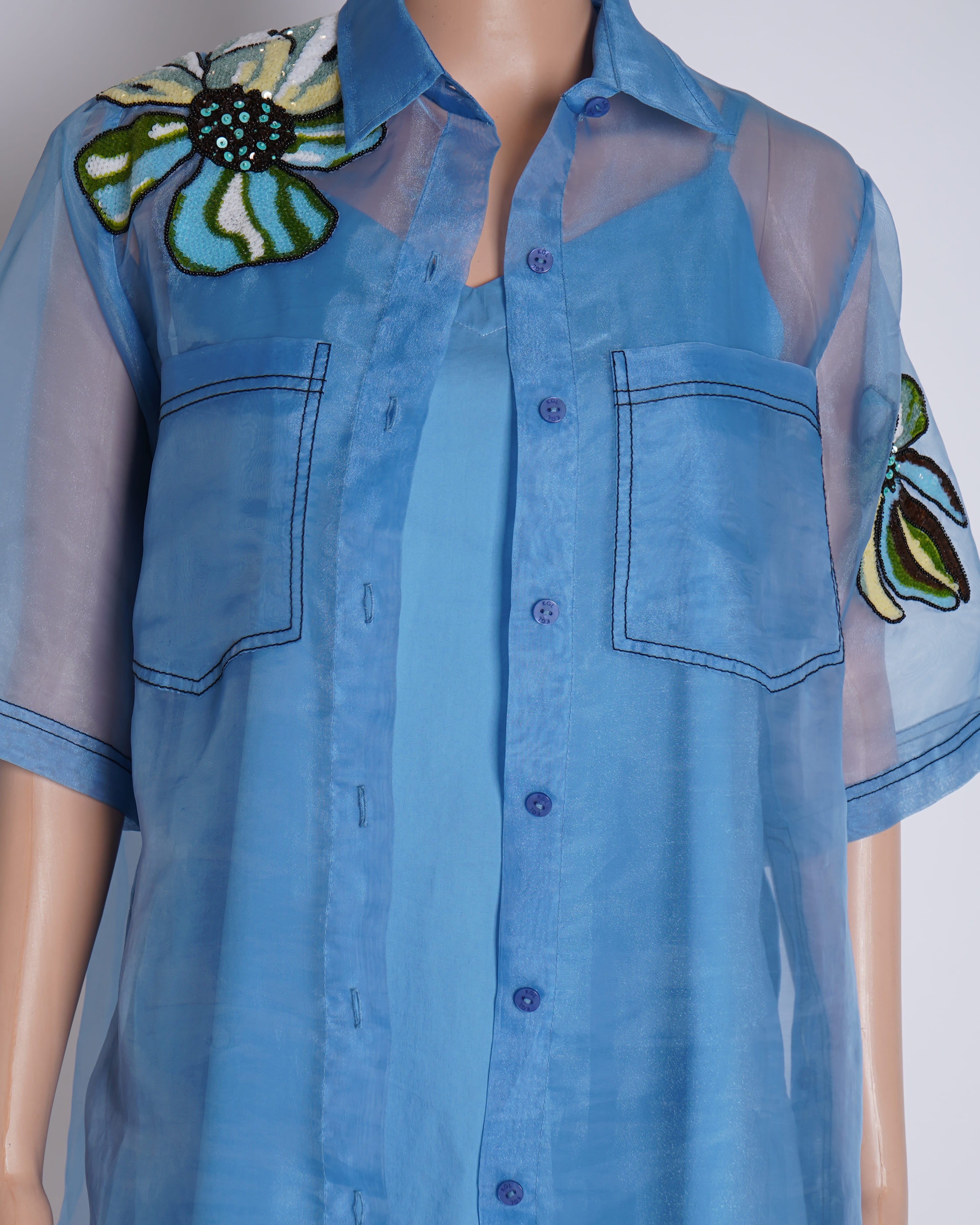 Kanika Goyal Label Co-ord Set  In Serene  Blue With Sequin Embroidered Detailing Set Of 3