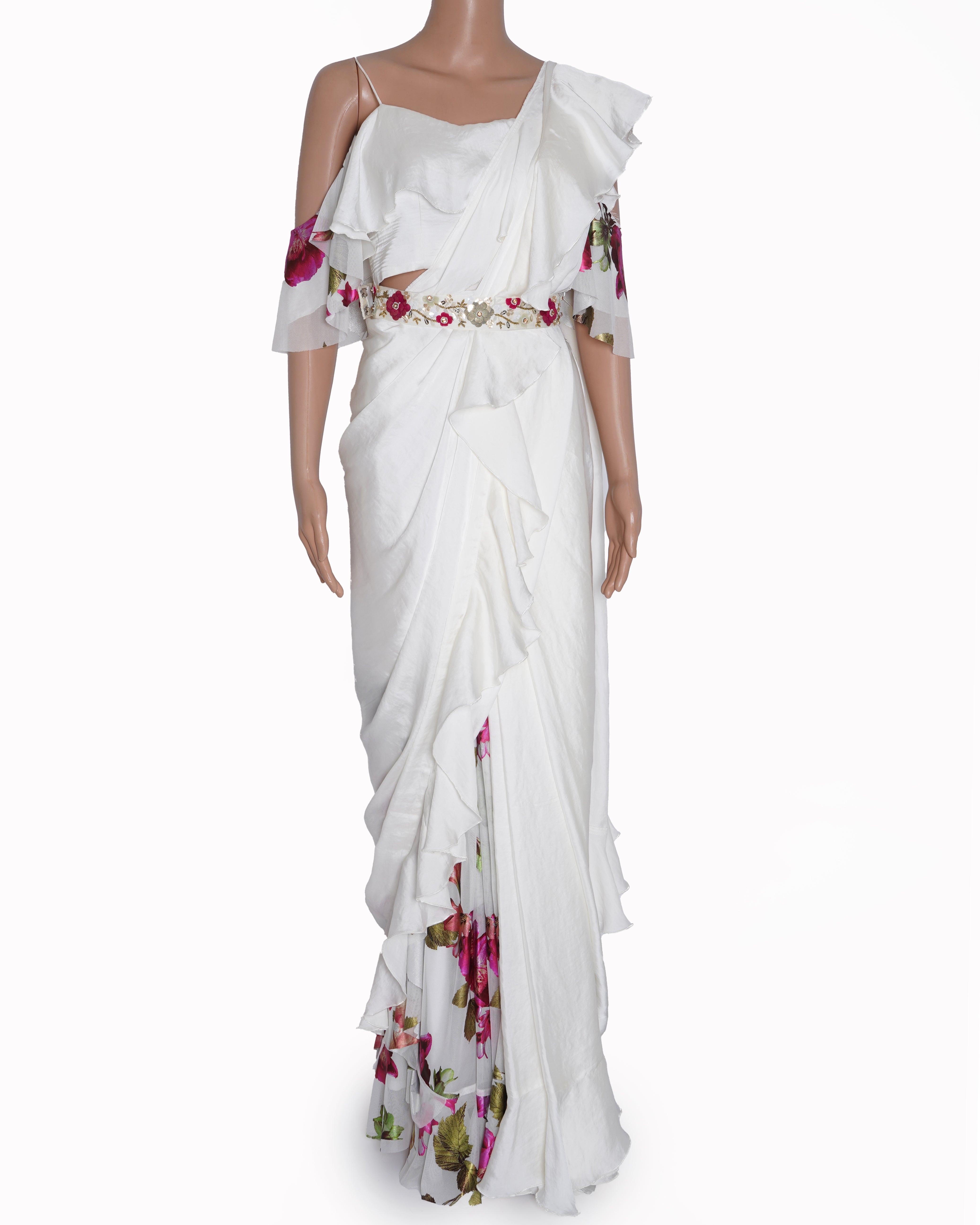 New Gunu Sahani White Printed Pre-Stitched Saree Set With Embroidered Belt