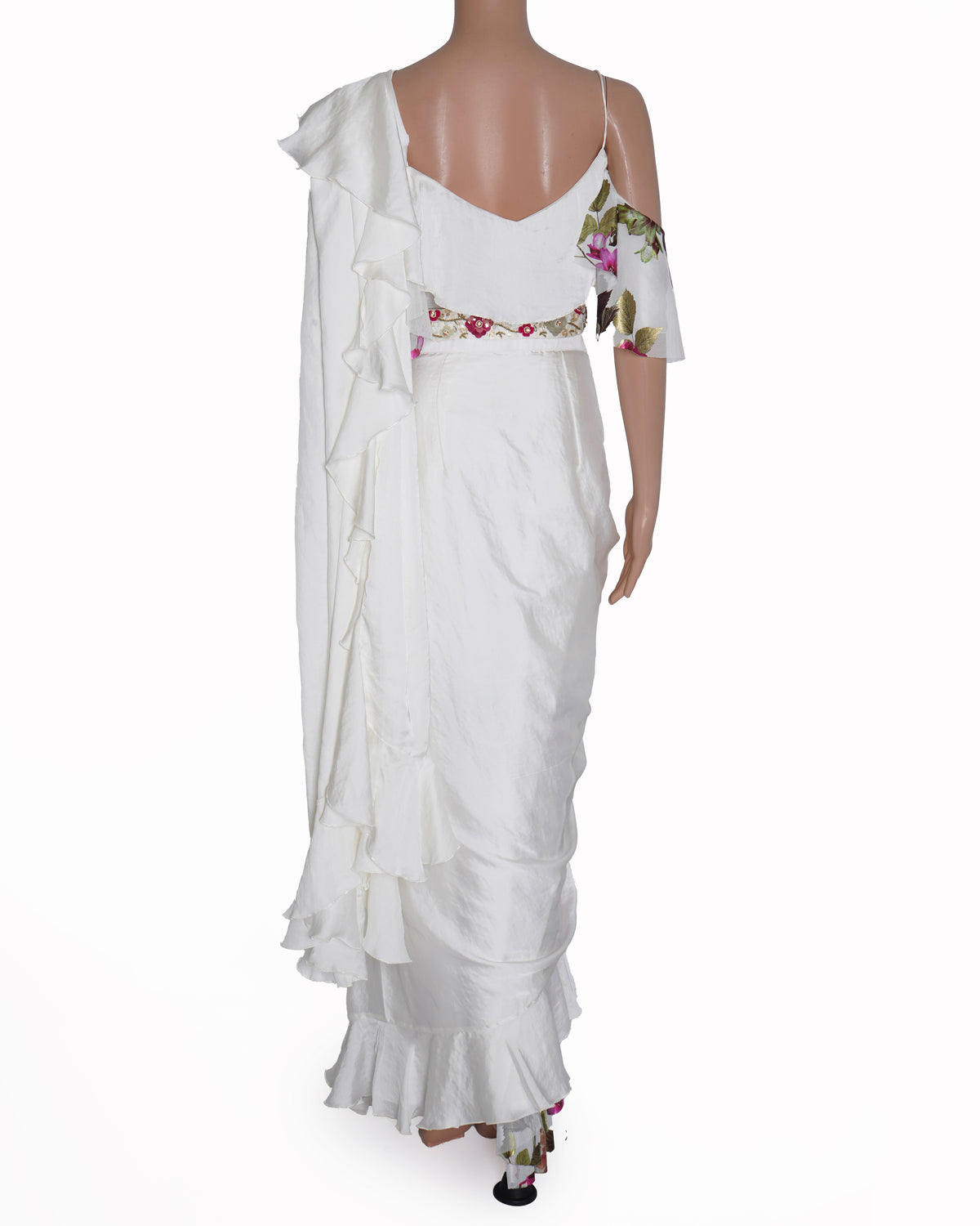 New Gunu Sahani White Printed Pre-Stitched Saree Set With Embroidered Belt
