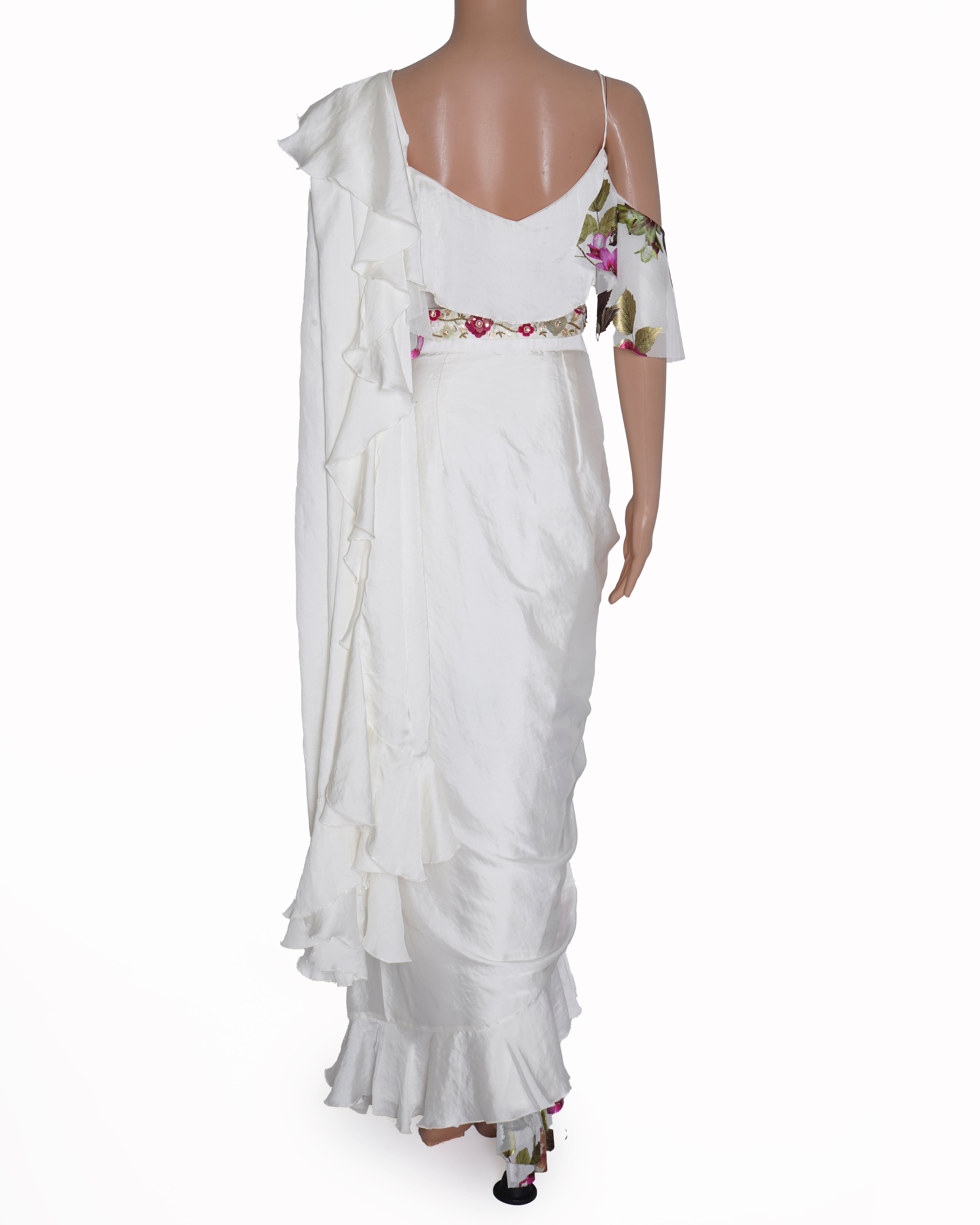 New Gunu Sahani White Printed Pre-Stitched Saree Set With Embroidered Belt