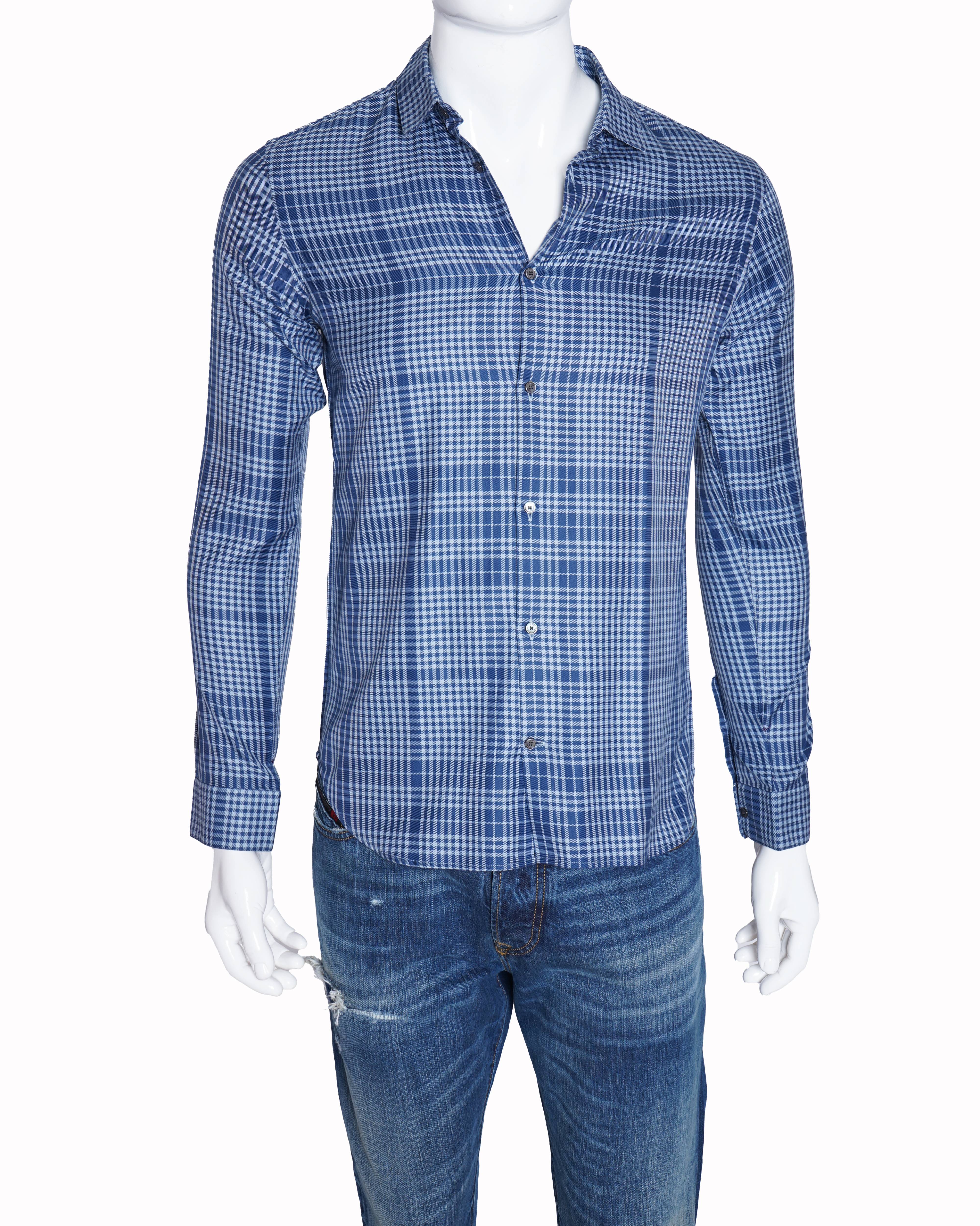 Burberry blue and white checkered long sleeve button down shirt
