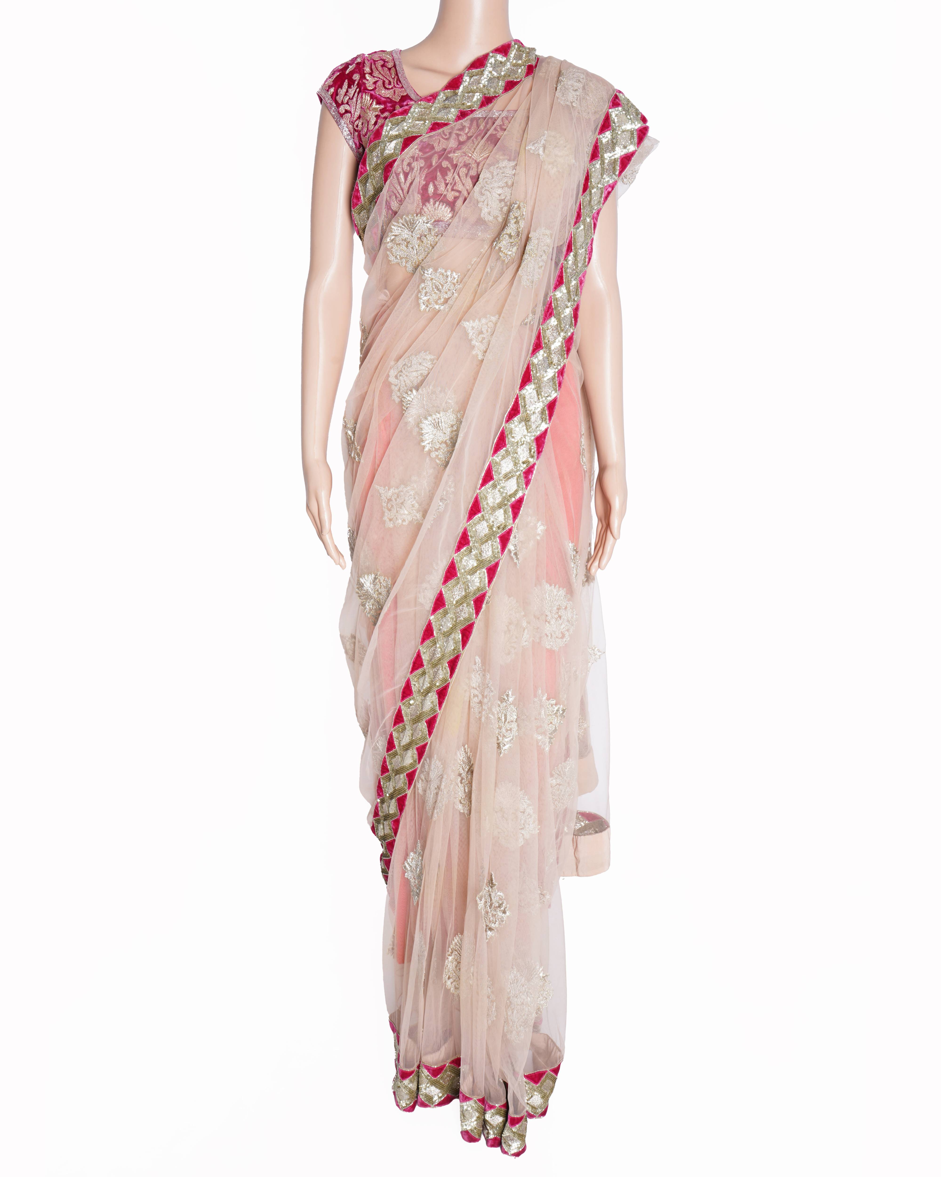 Varun bahl pink embroidered net saree With Blouse