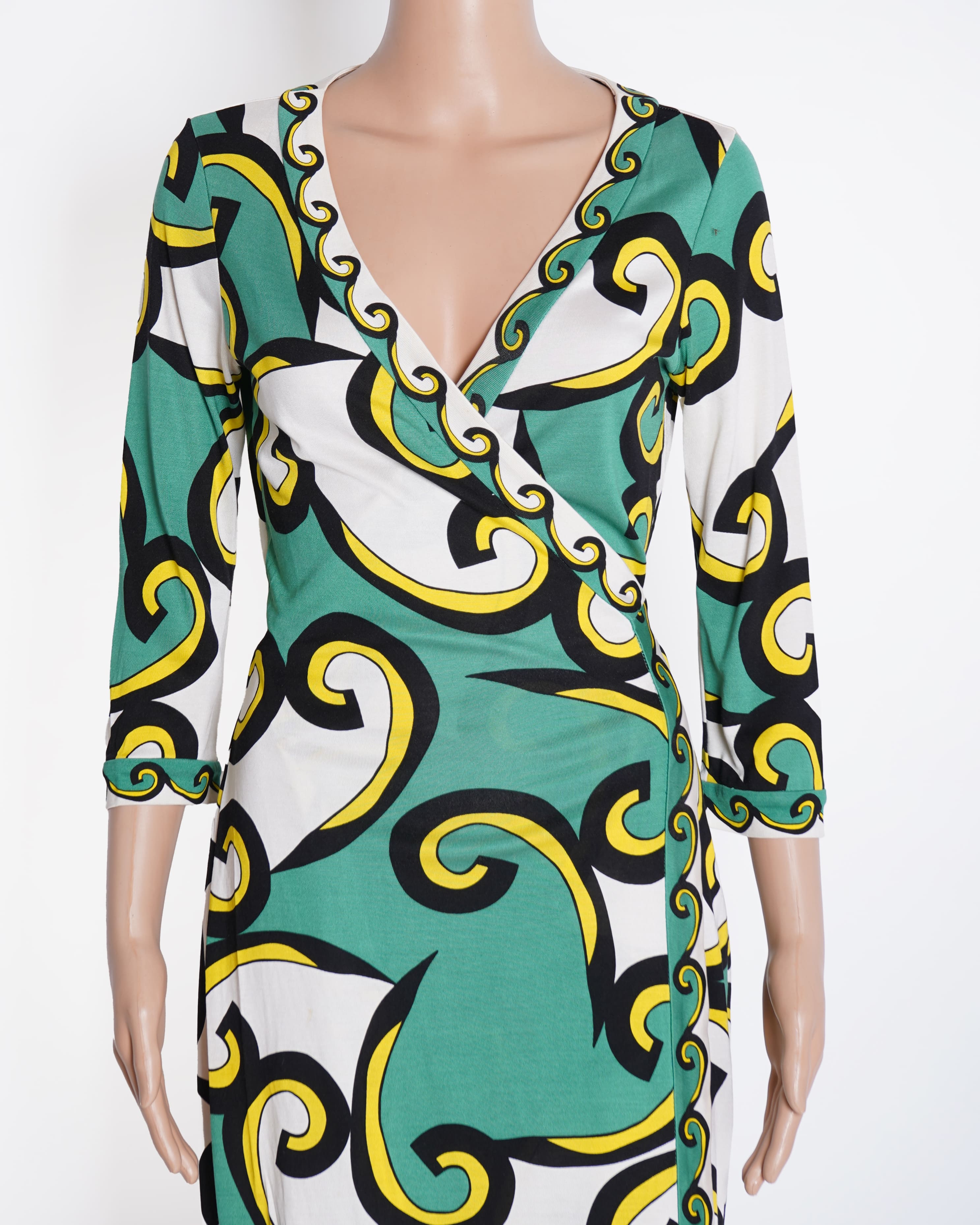 Diane Von Furstenberg Floral Printed Wrap Around Robe Dress In Green & Yellow With 3/4th Sleeve