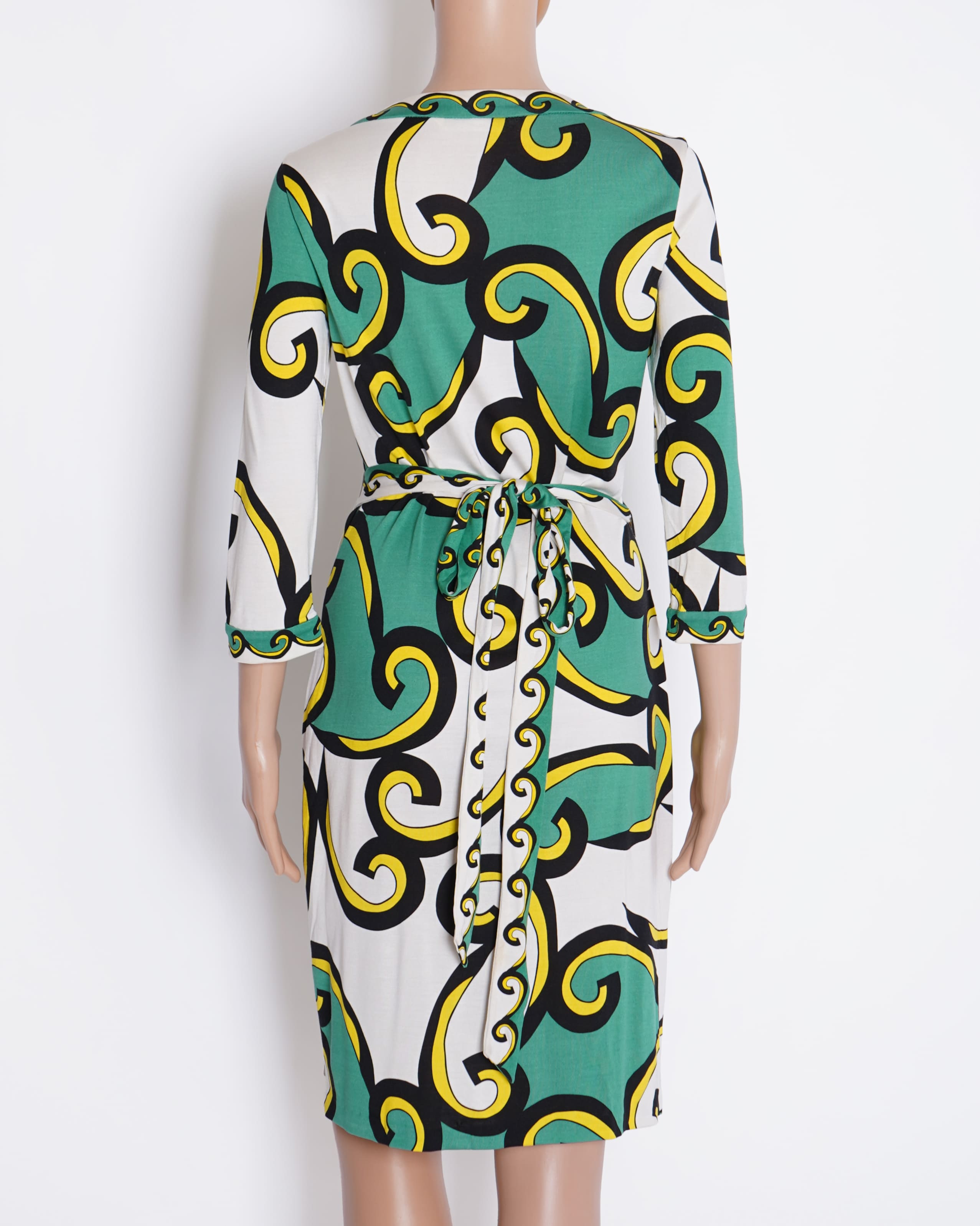 Diane Von Furstenberg Floral Printed Wrap Around Robe Dress In Green & Yellow With 3/4th Sleeve
