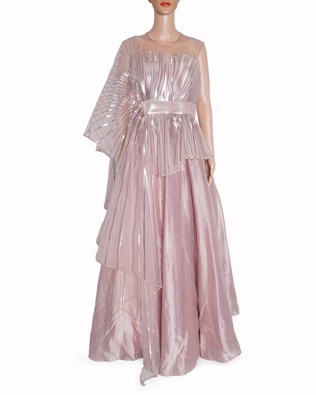 Amit Aggarwal Pink Metallic Striped & Tulle Winged Gown Saree