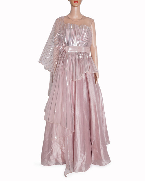 Amit Aggarwal Pink Metallic Striped & Tulle Winged Gown Saree