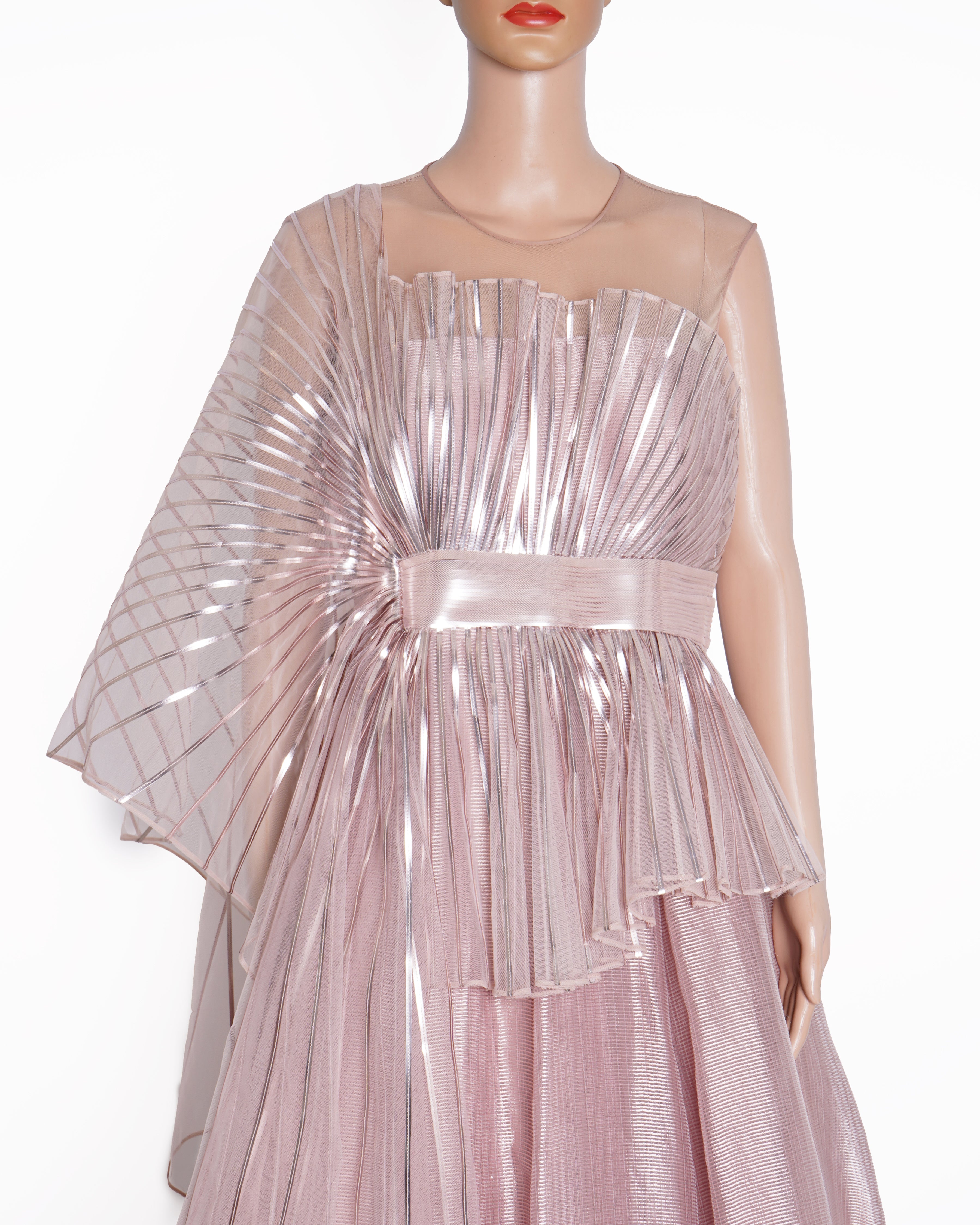 Amit Aggarwal Pink Metallic Striped & Tulle Winged Gown Saree