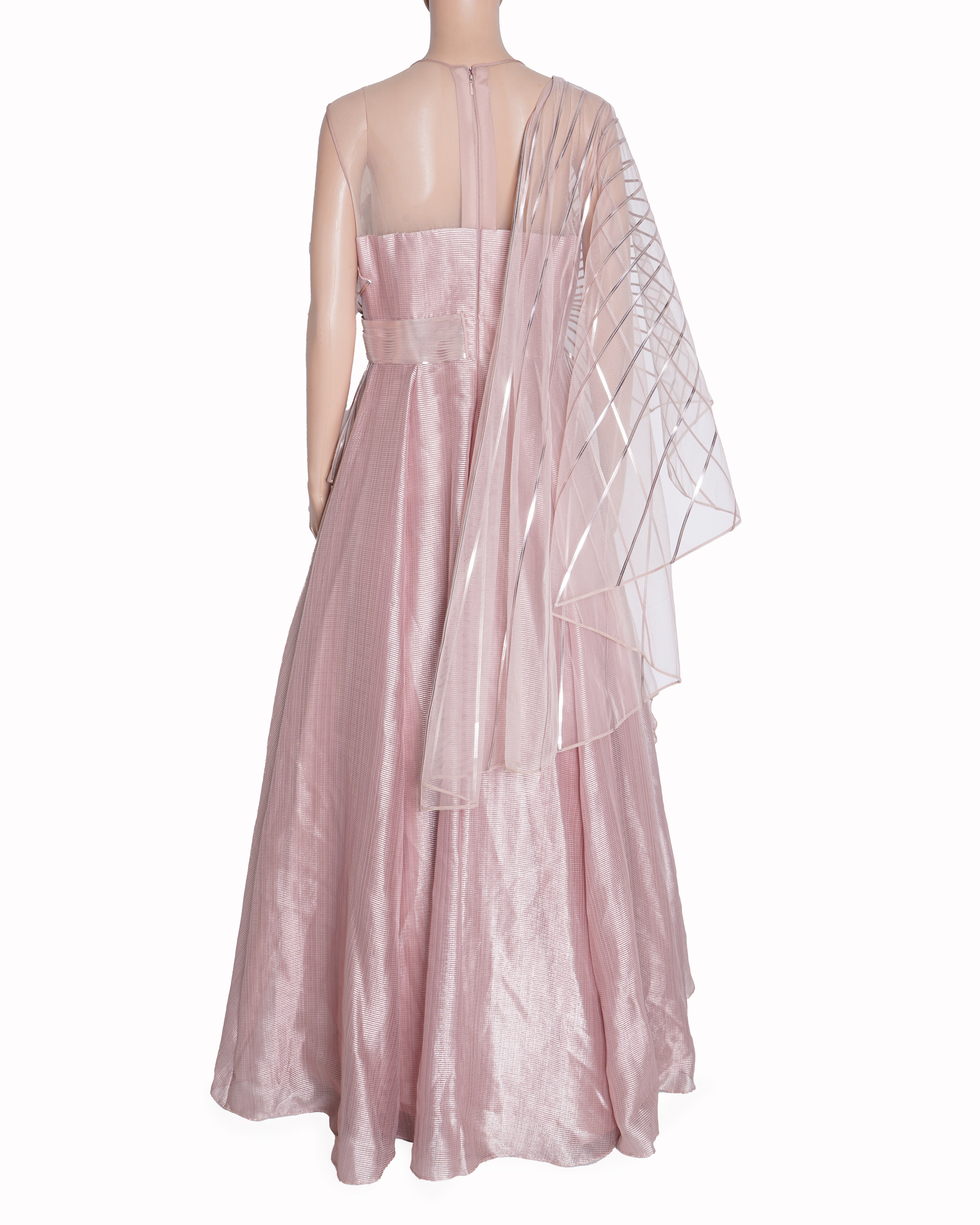 Amit Aggarwal Pink Metallic Striped & Tulle Winged Gown Saree