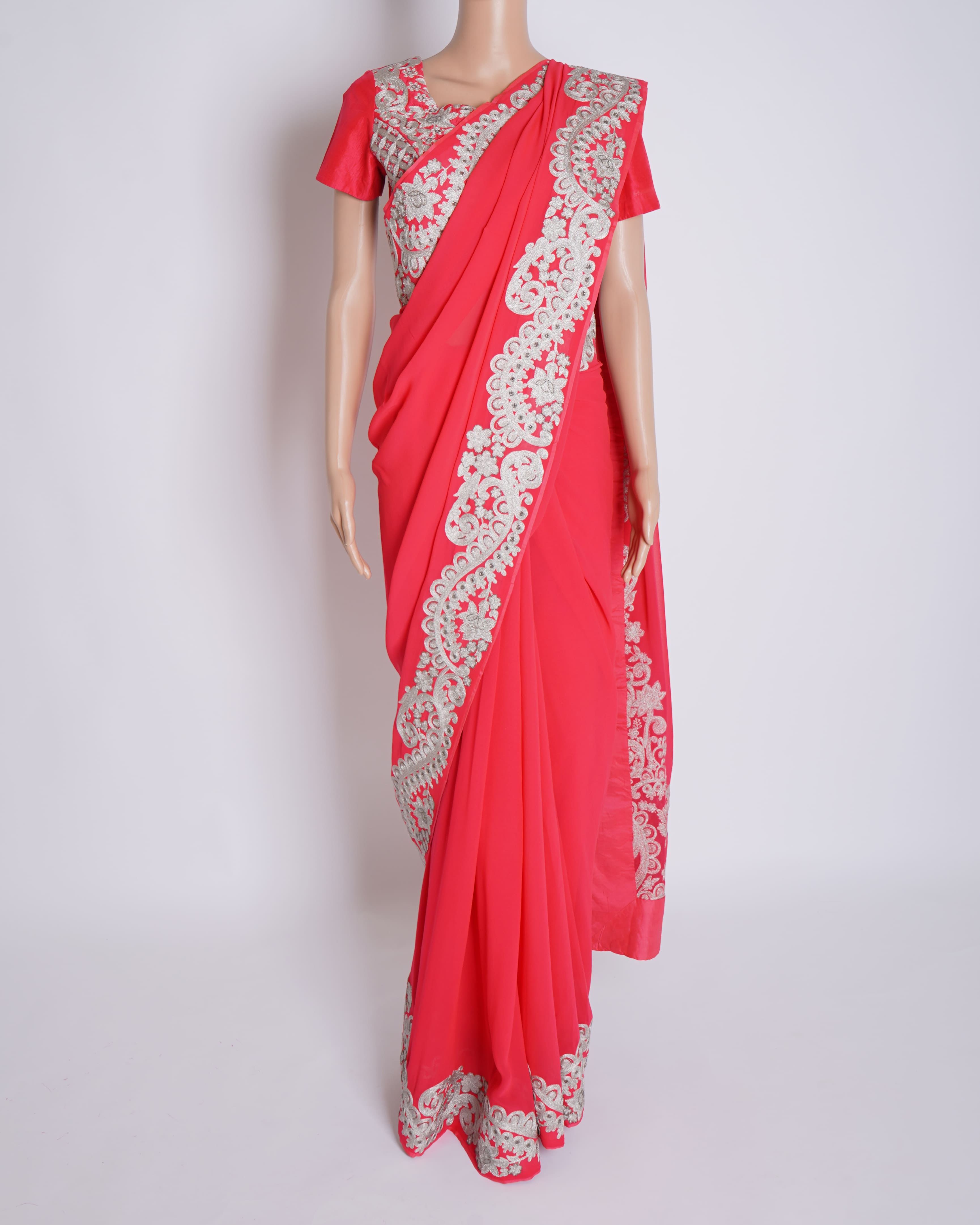 Pankaj & Nidhi Bordered Cherry Pink Saree With Pre-stitched 2 Blouses