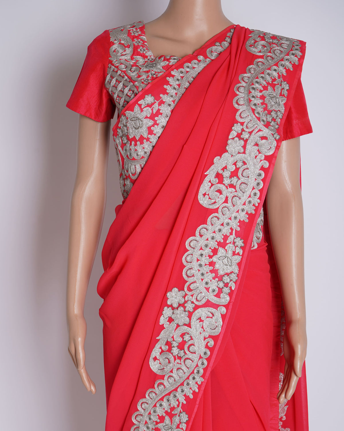 Pankaj & Nidhi Bordered Cherry Pink Saree With Pre-stitched 2 Blouses