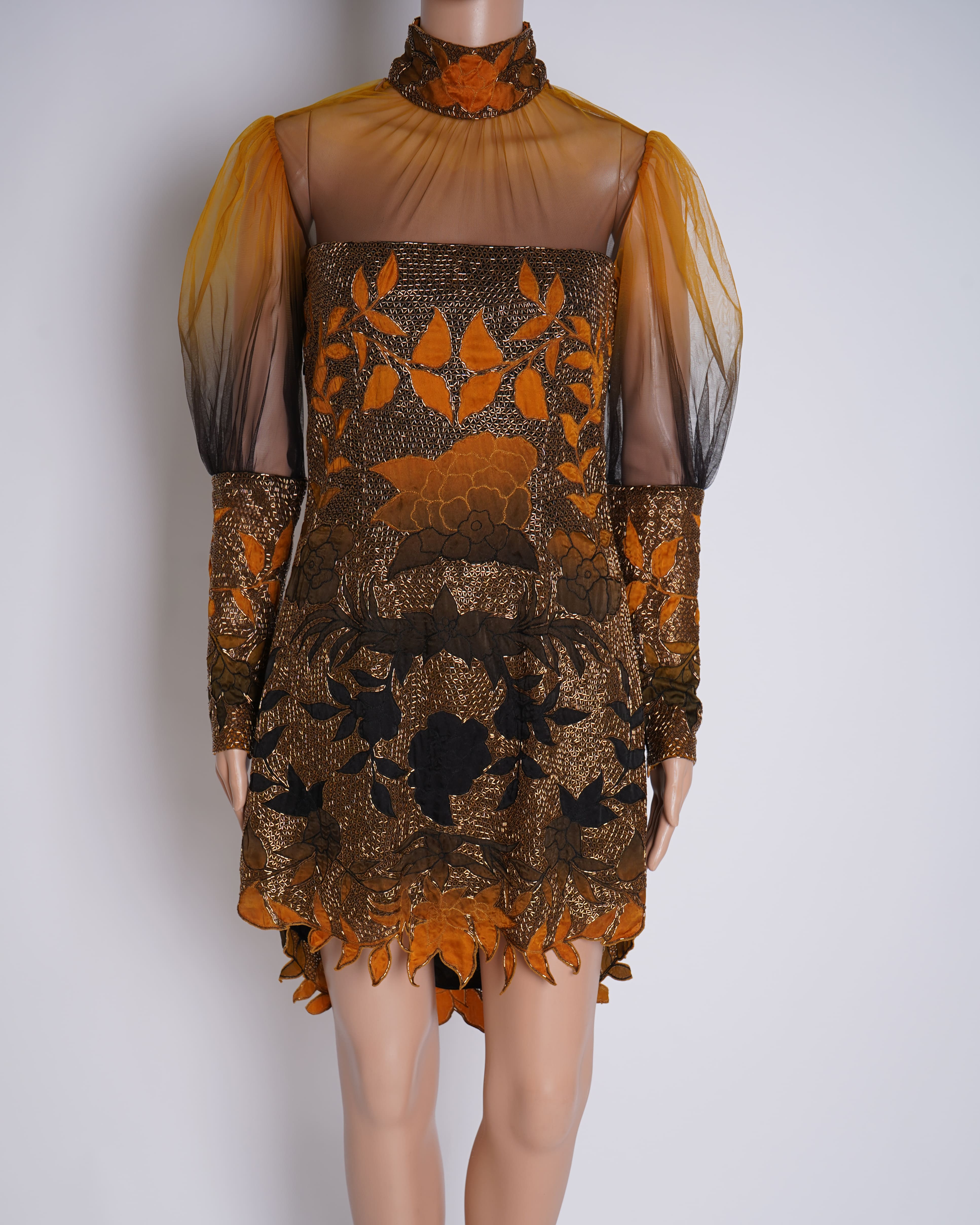 Kartikeya India Warm Color Tone Tulle High Neck Embroidered Dress