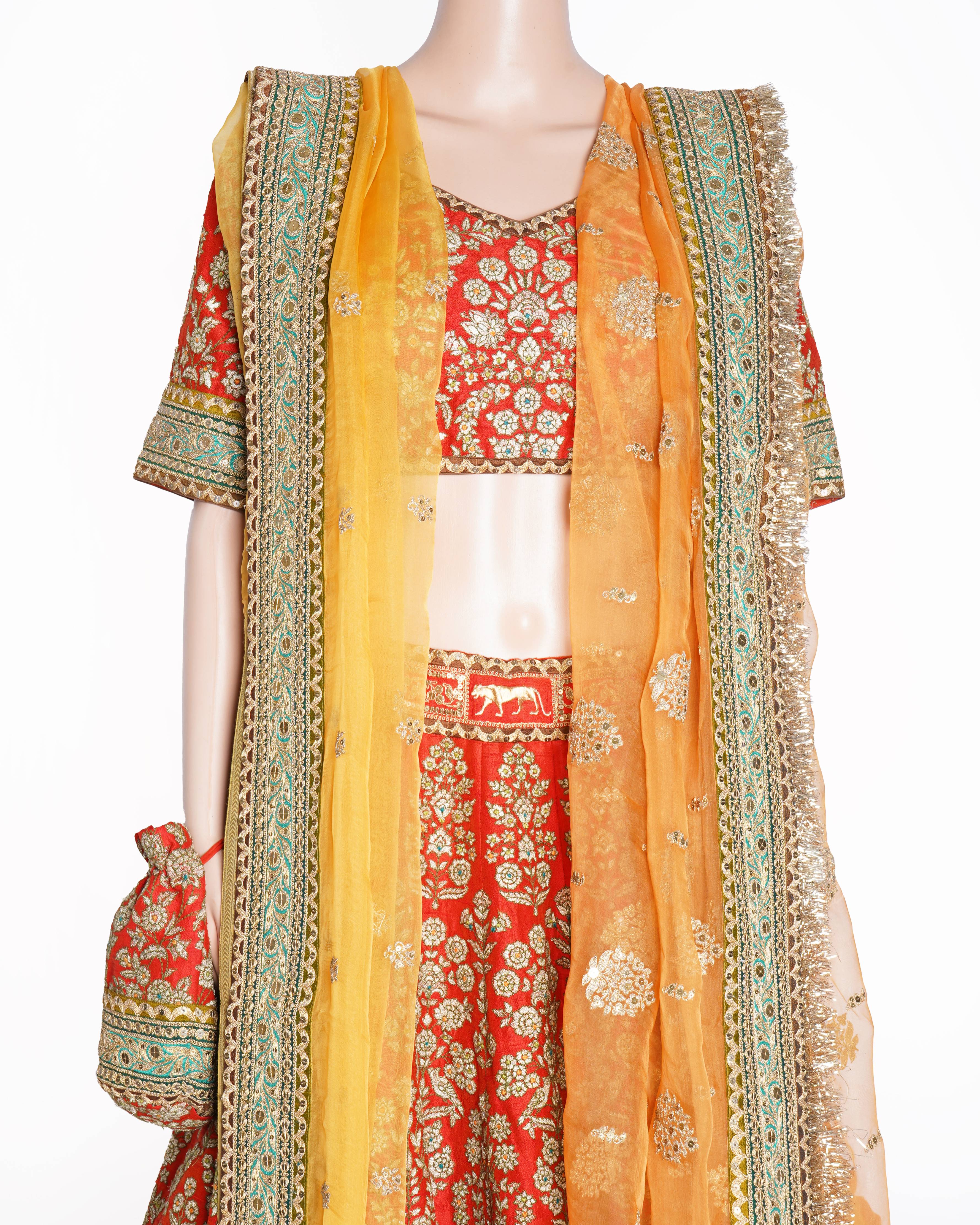 Sabyasachi Red Embroidered Lehenga Set with 2 Dupattas & Potli