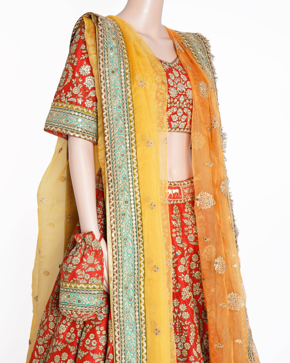 Sabyasachi Red Embroidered Lehenga Set with 2 Dupattas & Potli