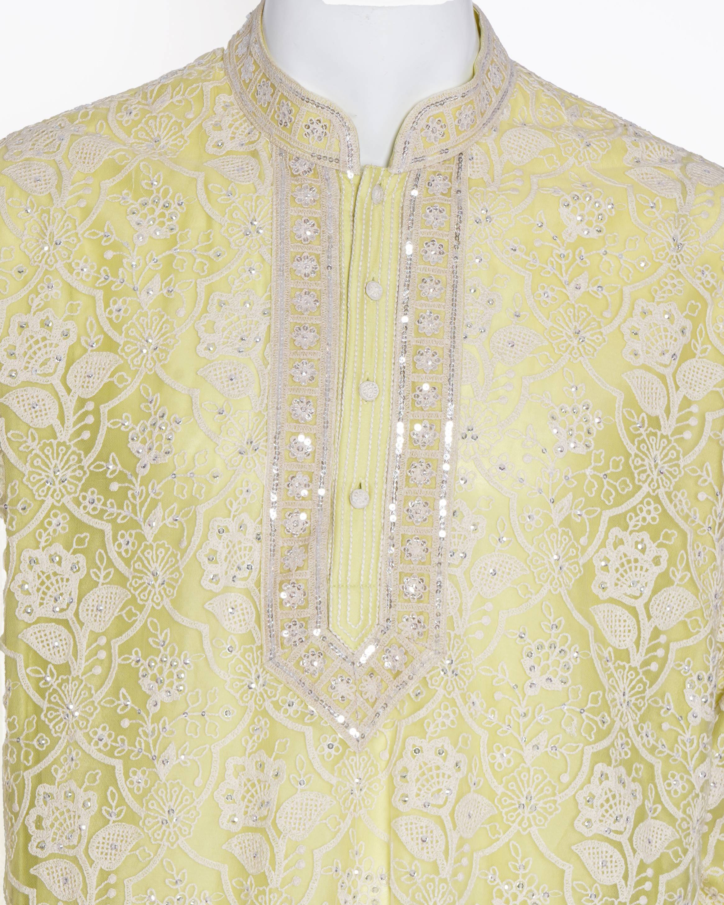 Abu Jani Sandeep Khosla Embroidered sequenced Kurta set of 2 In Lime Green