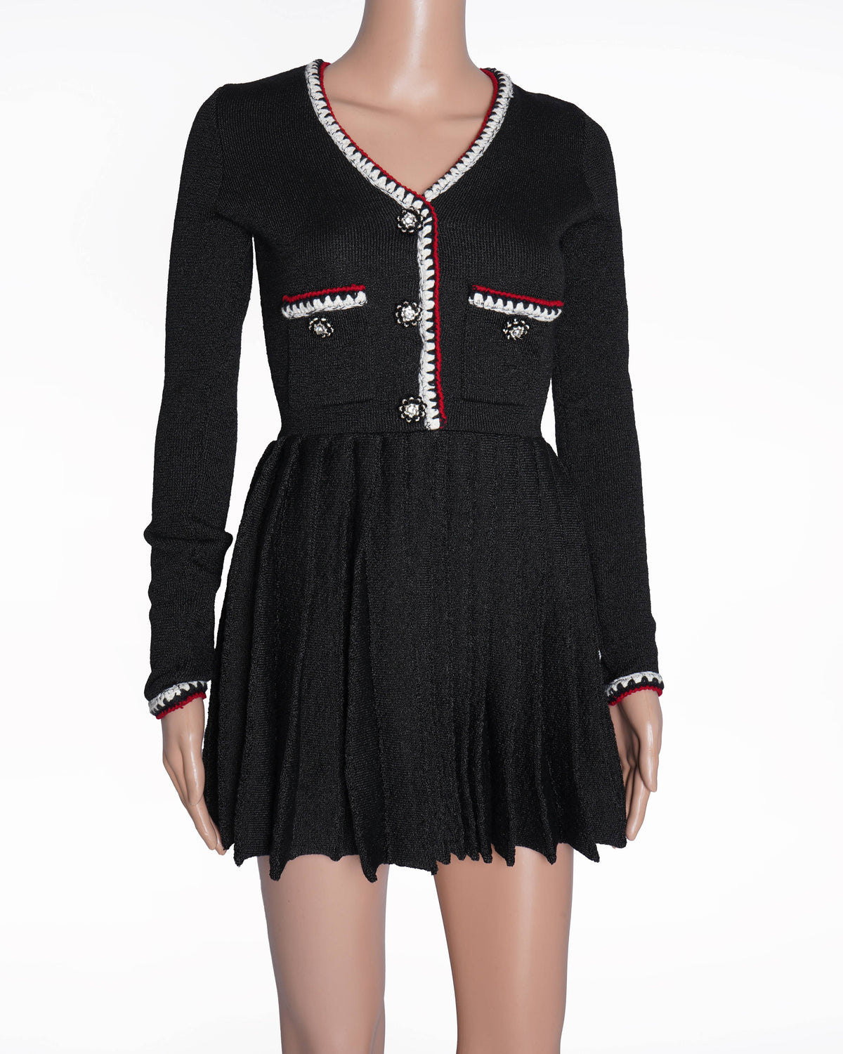 New Self-Portrait V-Neck Black Pleated Mini Knit Dress