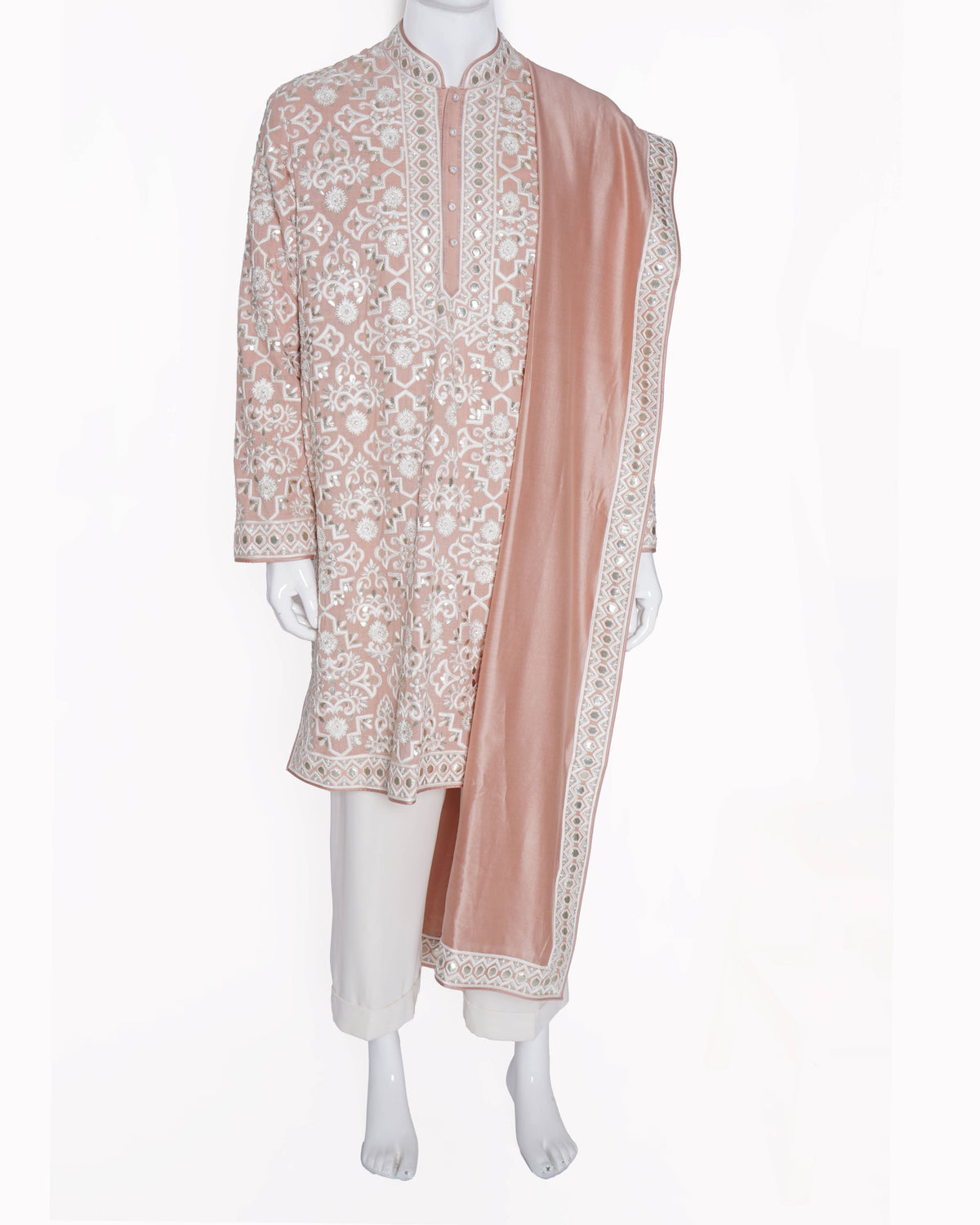 Abu Jani Sandeep Khosla Embroidered Kurta set of 2 In Peach