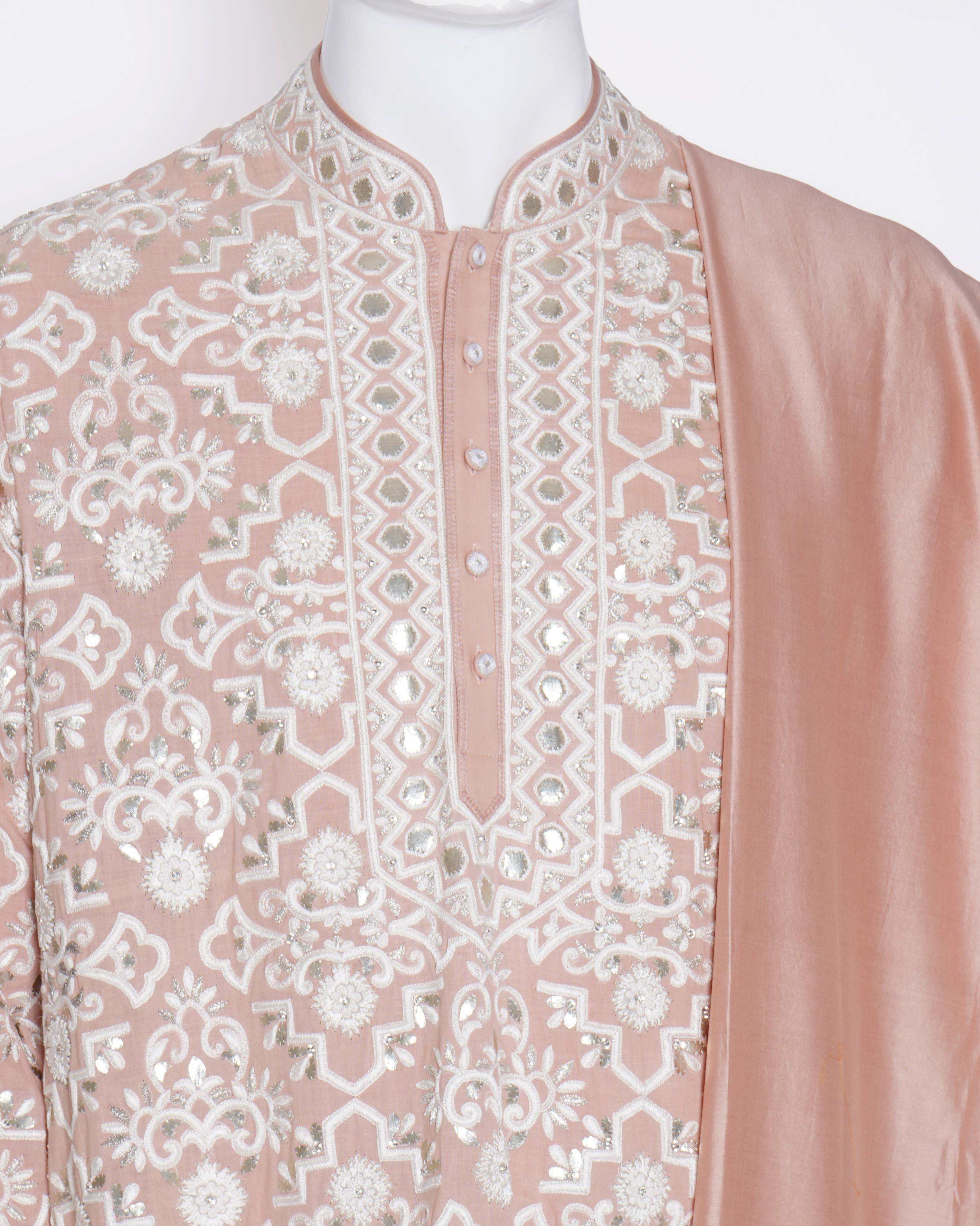 Abu Jani Sandeep Khosla Embroidered Kurta set of 2 In Peach