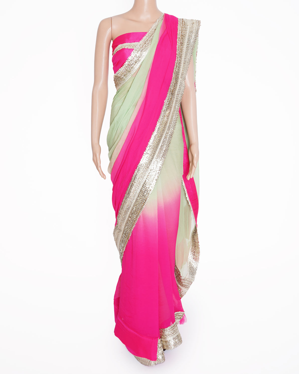 New Nikasha Thick Border Saree In ombre Green to Pink With Blouse Piece & Two Extra Tassels