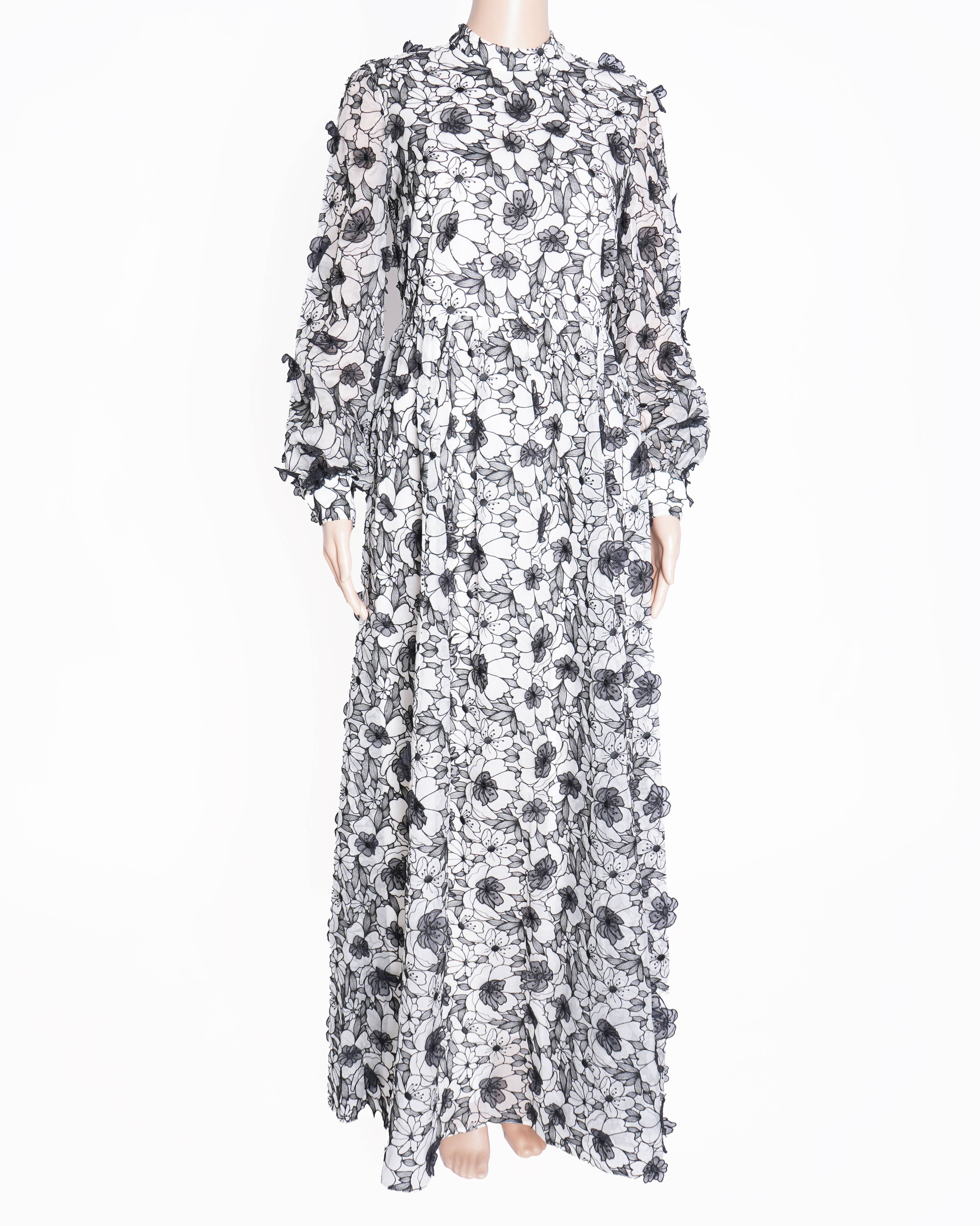 New Erdem Floral Printed Tallulah Dress In Black & WHite
