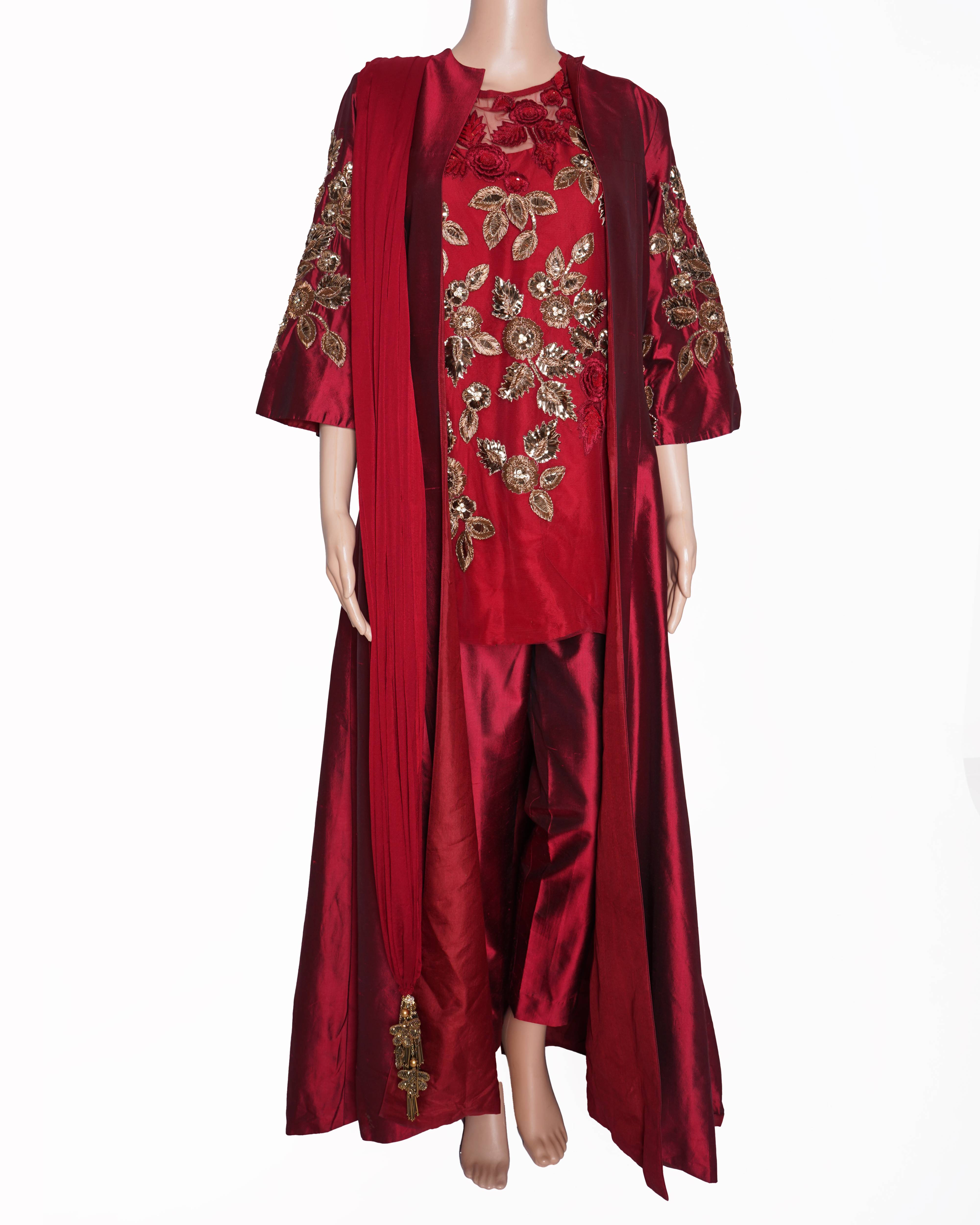 Manish Malhotra Maroon 4 Piece Embroidered Set With Dupatta