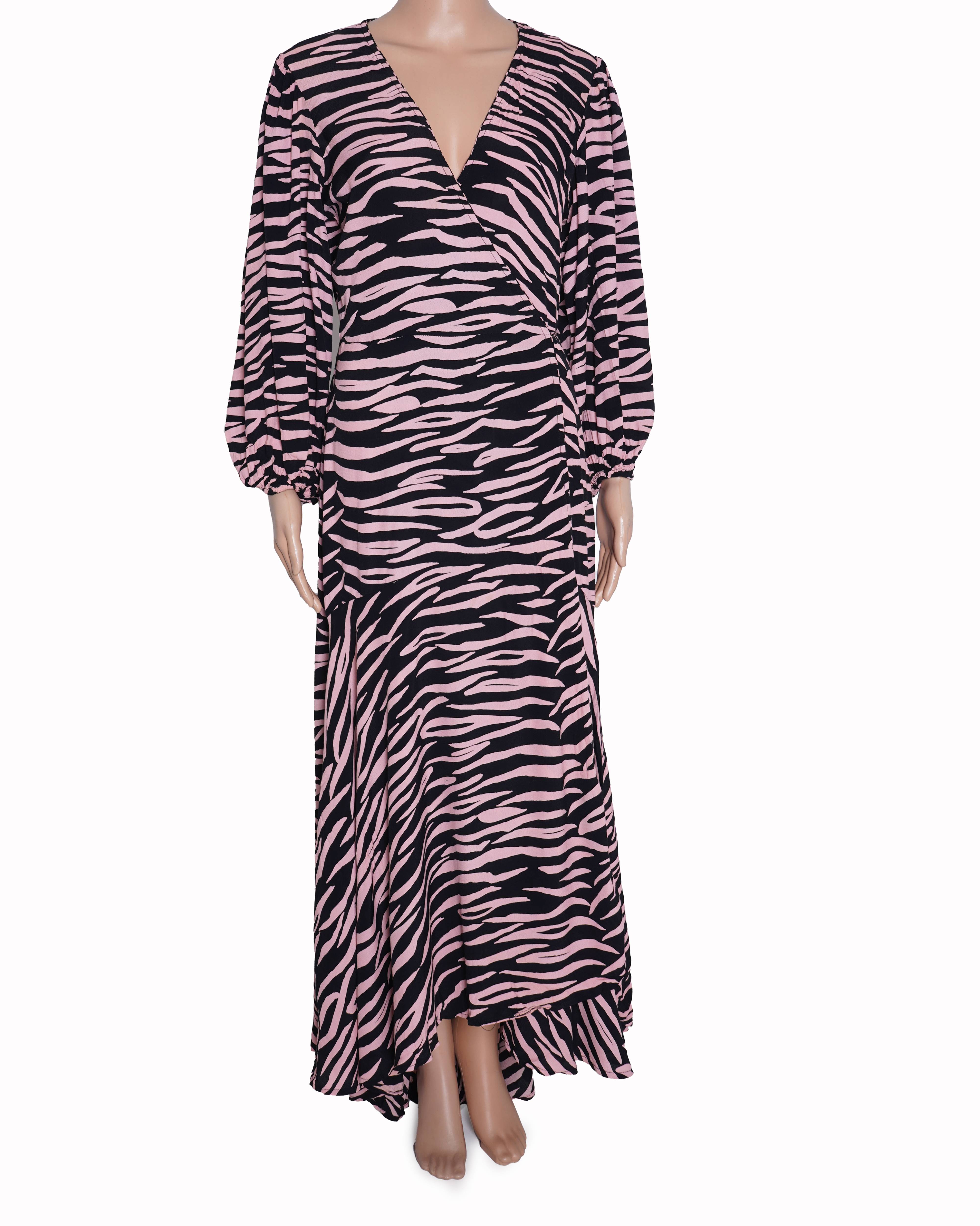 Ganni pink/black zebra print wrap dress