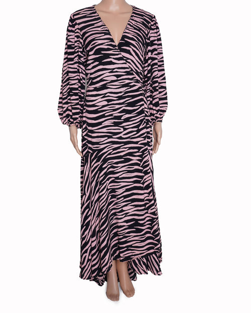 Ganni pink/black zebra print wrap dress