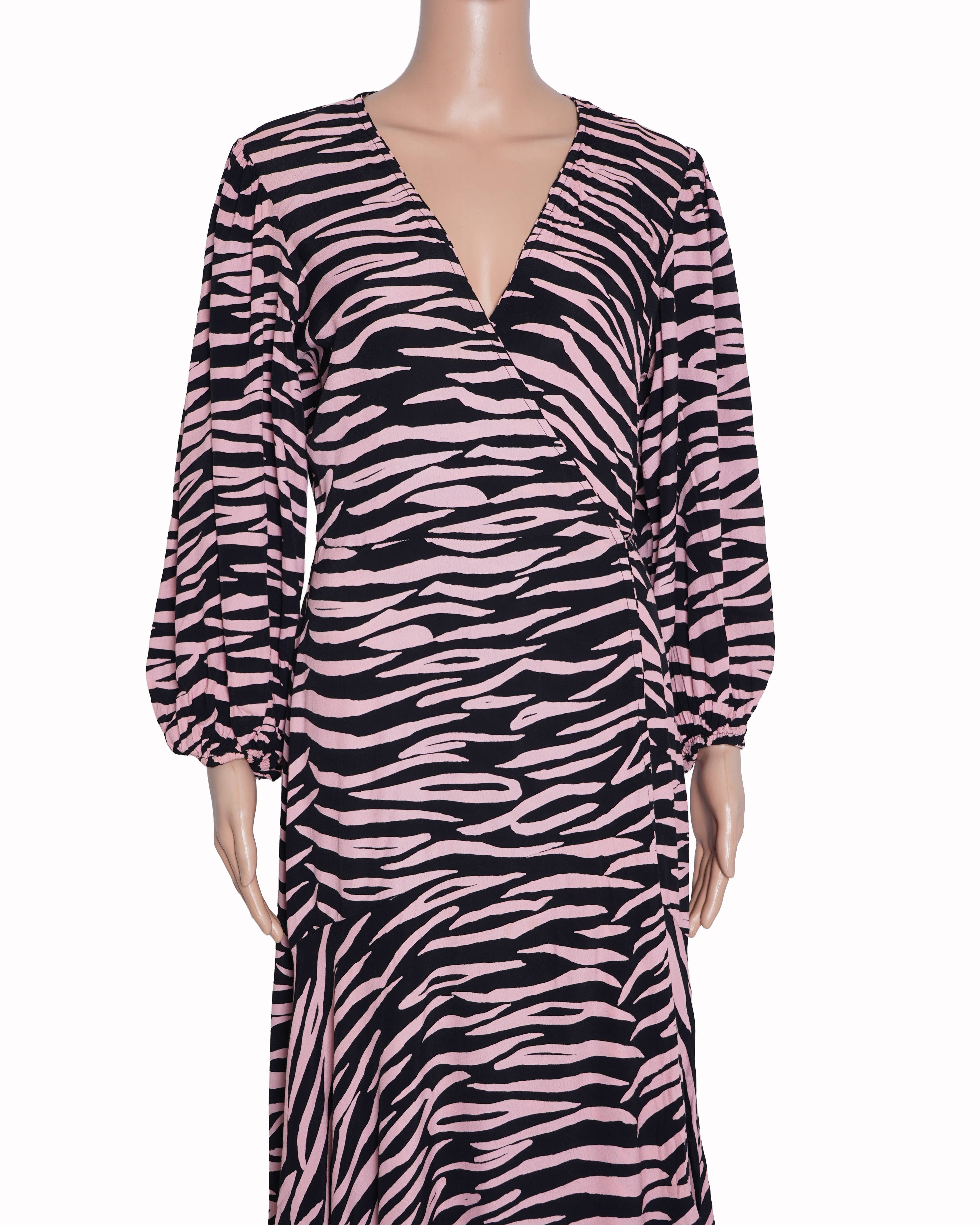Ganni pink/black zebra print wrap dress
