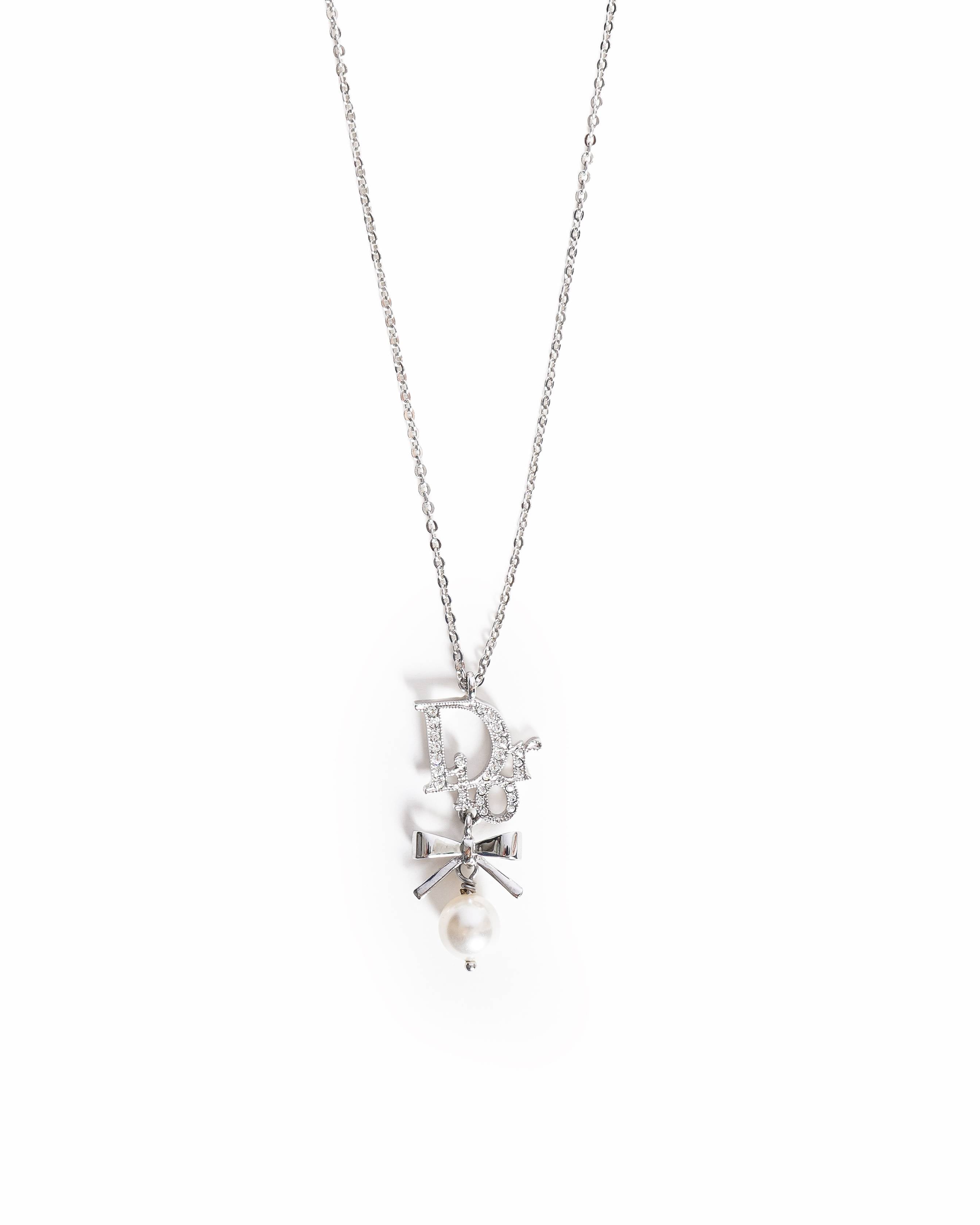 Christian Dior Crystal Pearl Dior Logo Necklace Silver, Made In Germany