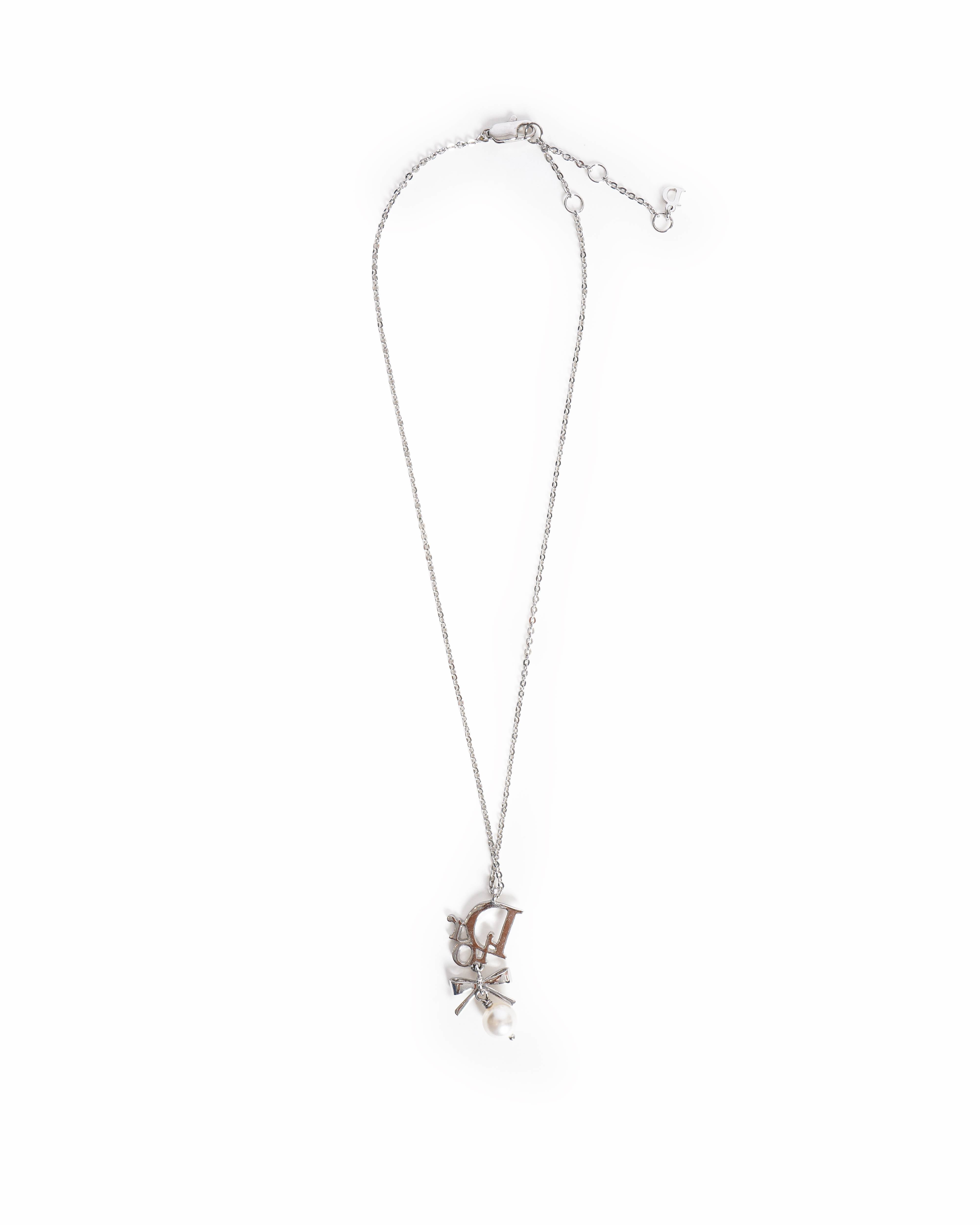 Christian Dior Crystal Pearl Dior Logo Necklace Silver, Made In Germany