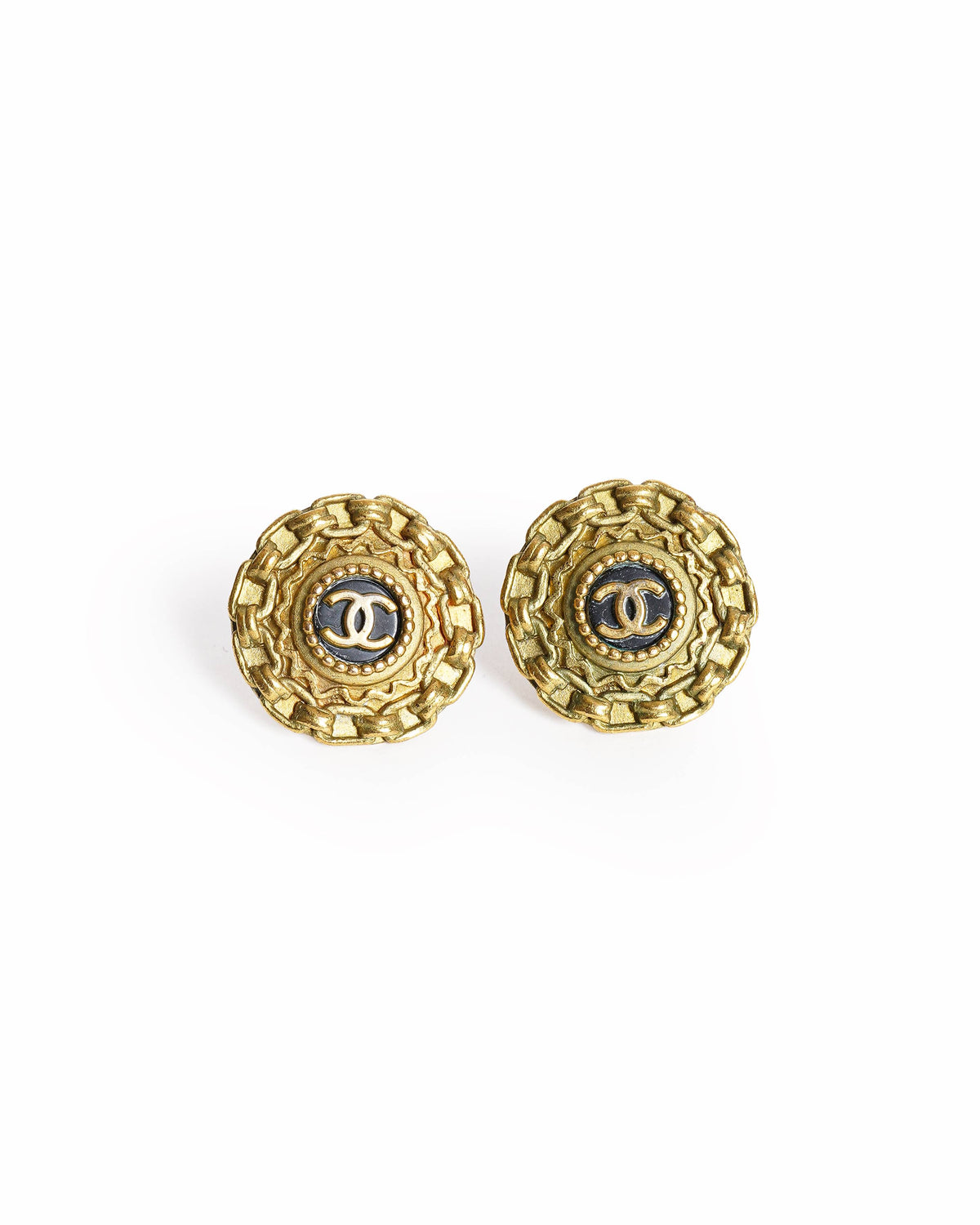 Vintage Chanel Gold CC Logo Earrings With A Black Resin Center