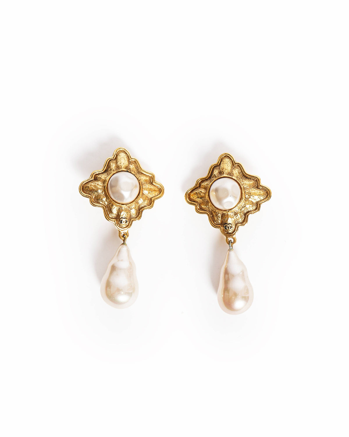 Vintage Chanel Gold-Plated Baroque Pearl Drop Clip-On Earrings, Made In France 1990s