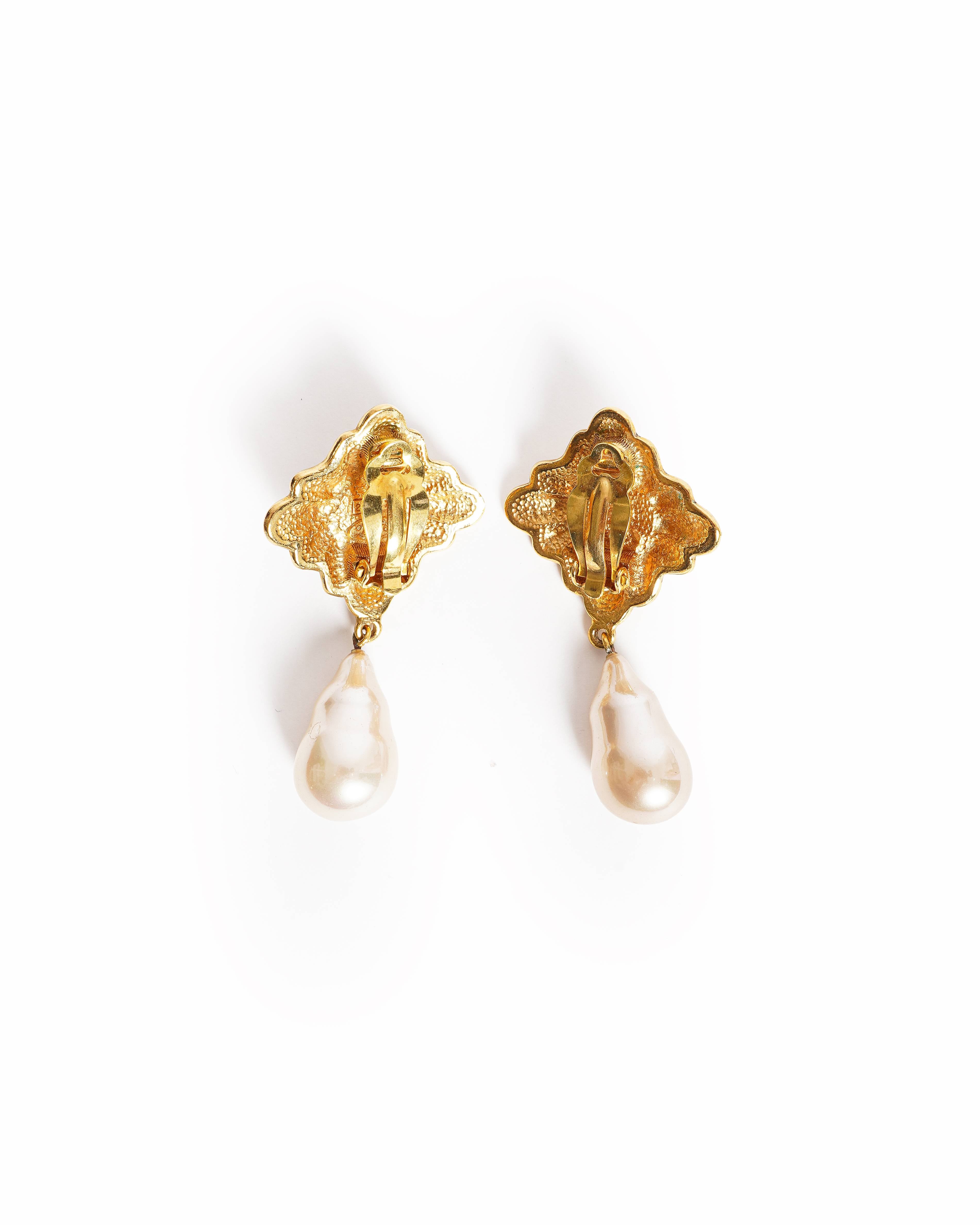 Vintage Chanel Gold-Plated Baroque Pearl Drop Clip-On Earrings, Made In France 1990s