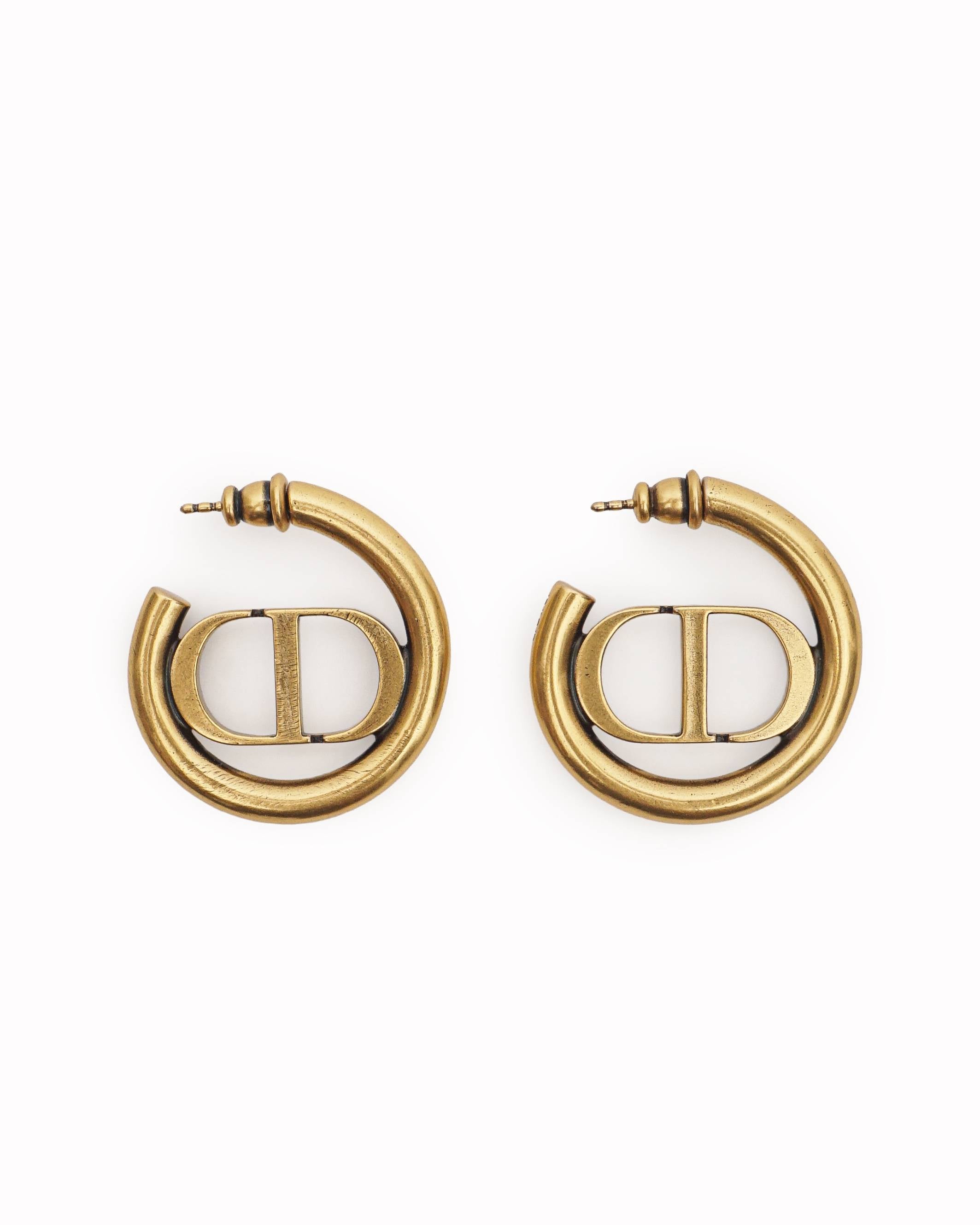 Christian Dior 30 Montaigne Antiqued Gold-Tone CD Logo Hoop Earrings