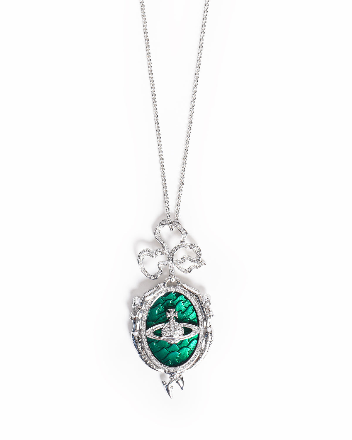 Vivienne Westwood Silver and Green Enamel Mermaid Orb Locket Pendant Necklace