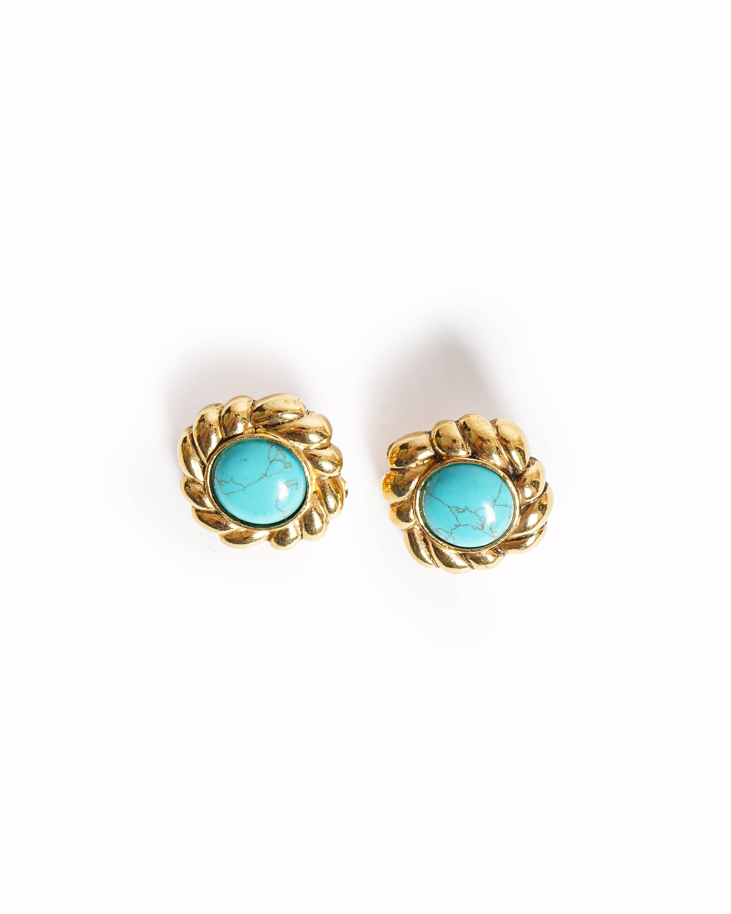 Vintage Chanel Gold Turquoise Swirl Button Clip Earrings, Made In France 1990s