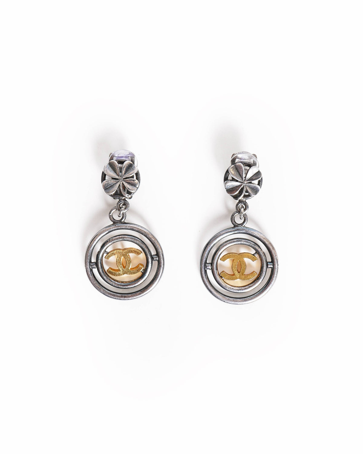 Vintage Chanel CC Logos Clover Dangle Earrings Silver & Gold Tone, Made In France 1990s