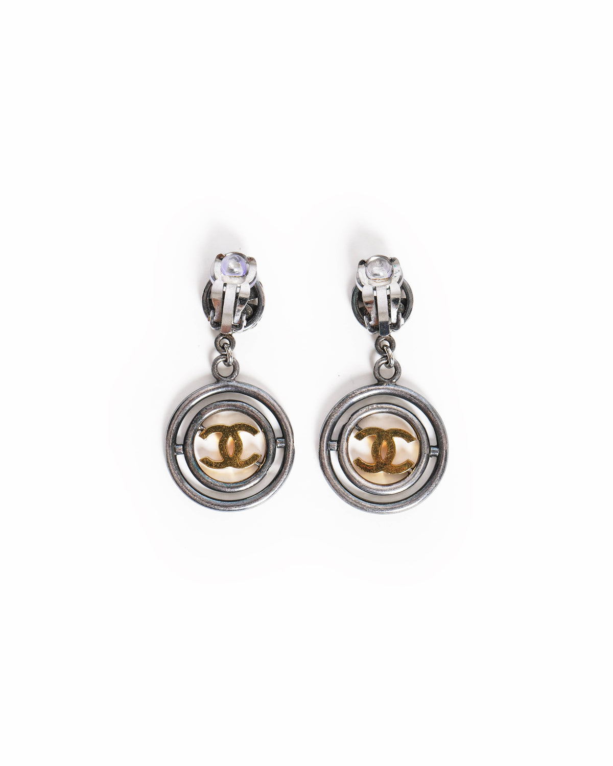Vintage Chanel CC Logos Clover Dangle Earrings Silver & Gold Tone, Made In France 1990s