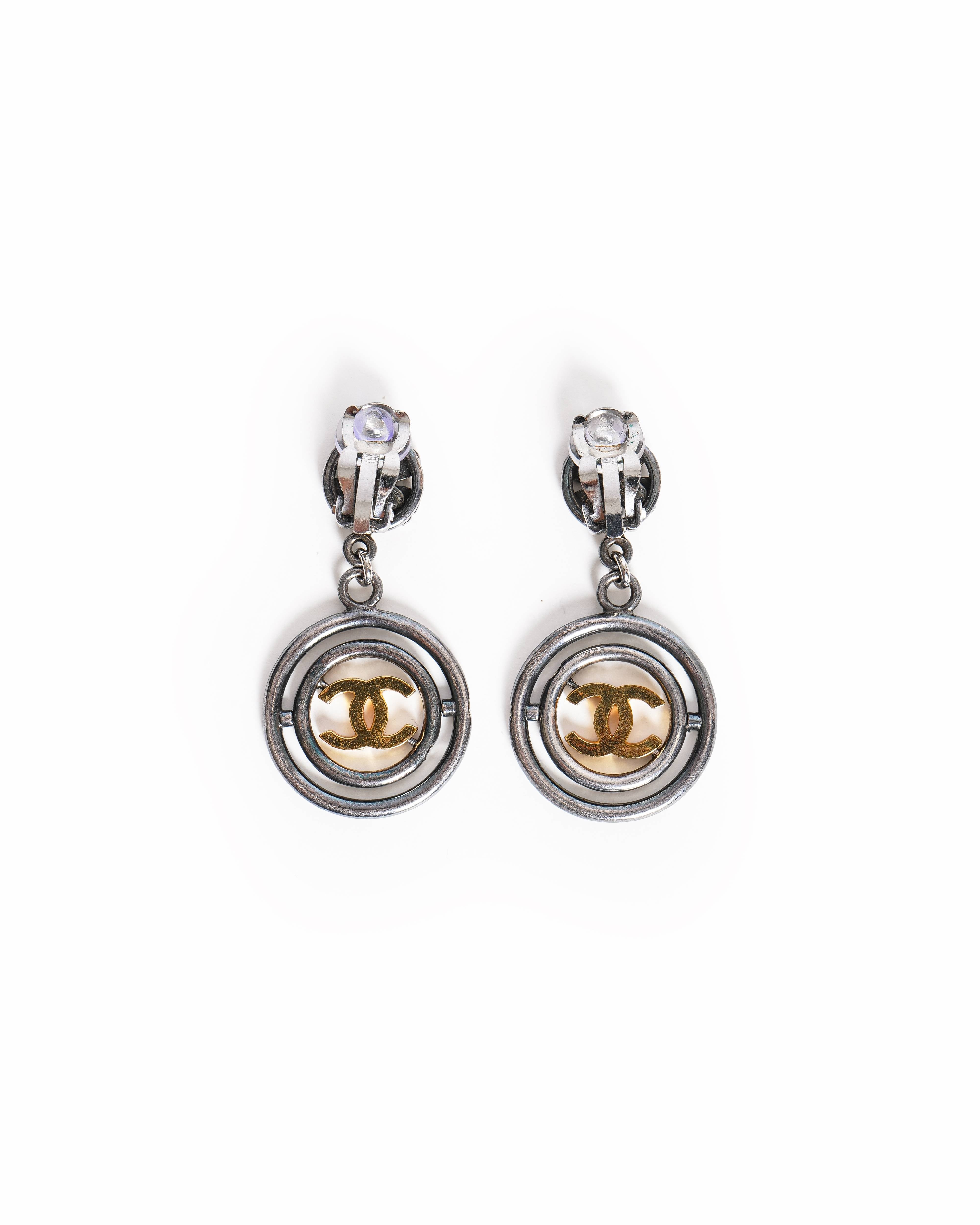 Vintage Chanel CC Logos Clover Dangle Earrings Silver & Gold Tone, Made In France 1990s