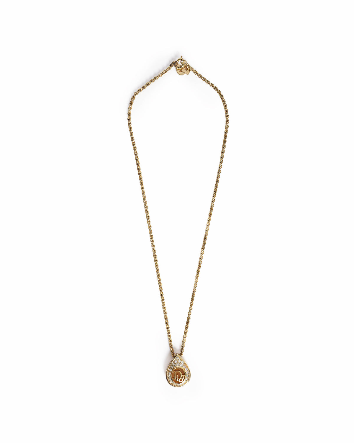Christian Dior 1990's Vintage Gold-Plated Rhinestone Dior Logo Pendant Necklace