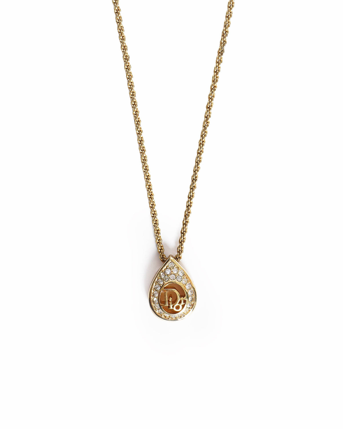 Christian Dior 1990's Vintage Gold-Plated Rhinestone Dior Logo Pendant Necklace