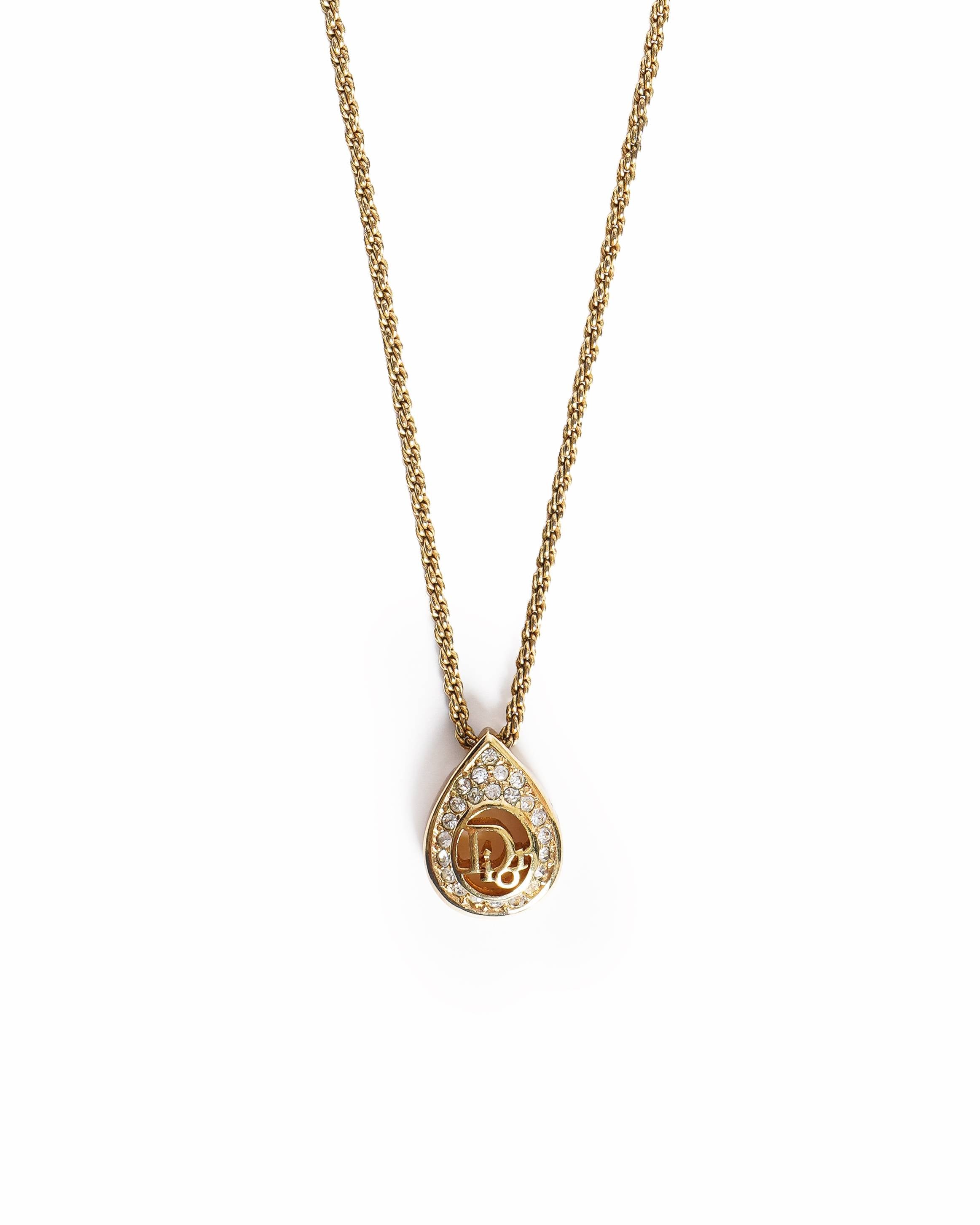 Christian Dior 1990's Vintage Gold-Plated Rhinestone Dior Logo Pendant Necklace