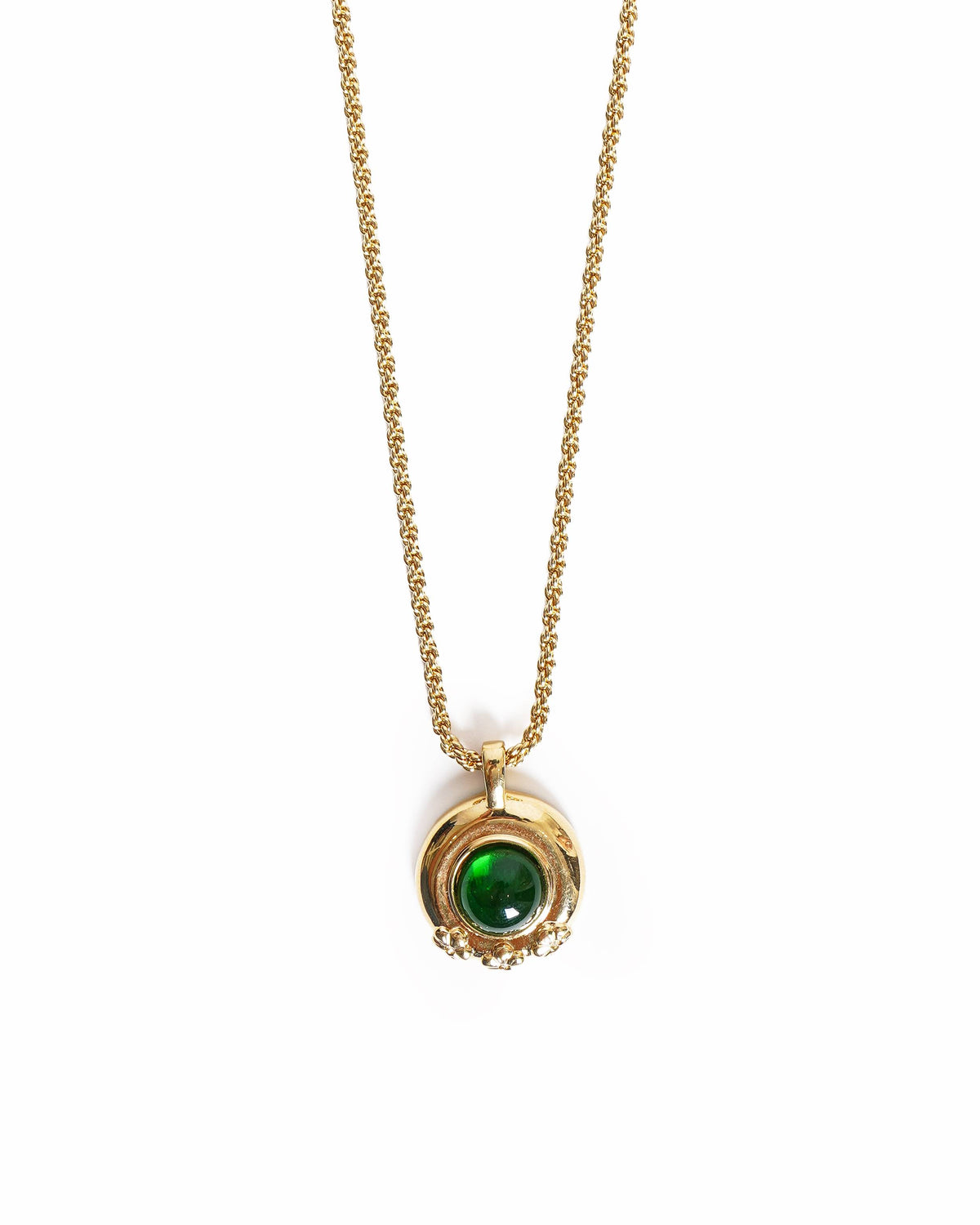 Vintage Nina Ricci Gold-Plated Emerald Green Cabochon Floral Accent Pendant Necklace