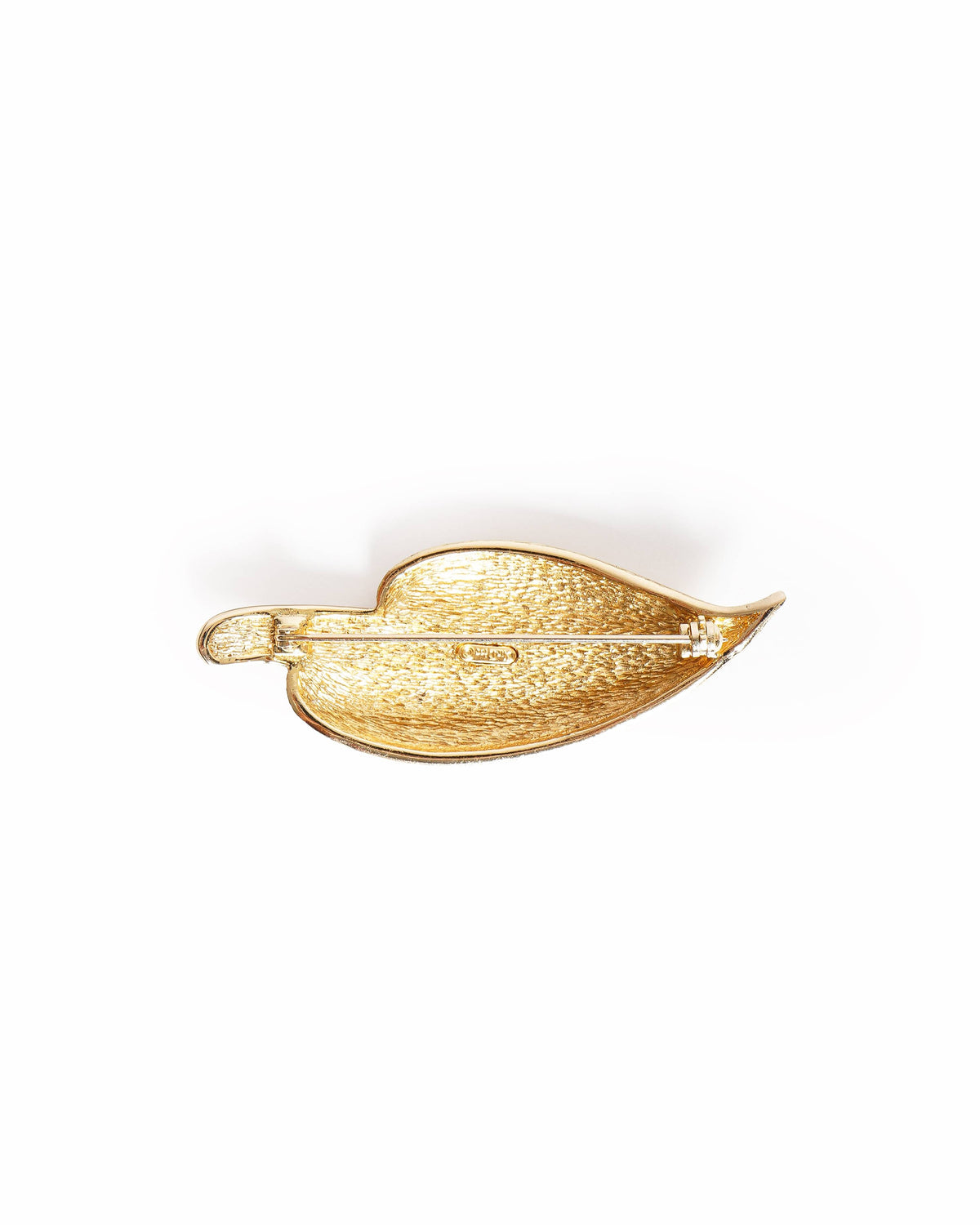 Christian Dior Signed Vintage Textured Gold Tone Clear Crystal Leaf Brooch