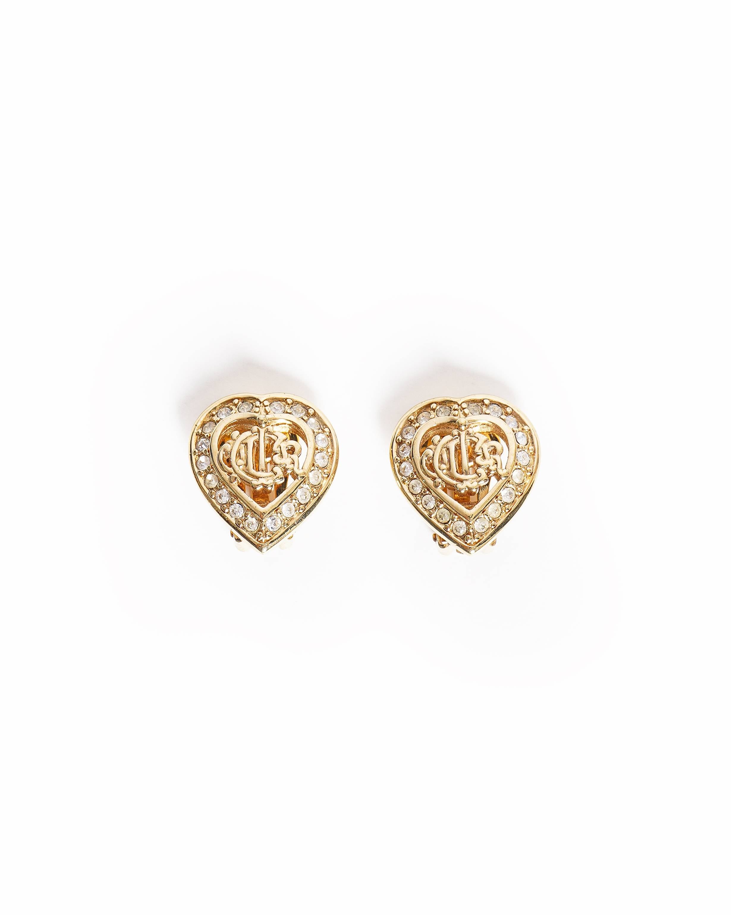 Vintage Christian Dior Gold Plated Dior Heart Crystal Logo Clip-on Earrings, Made In Germany