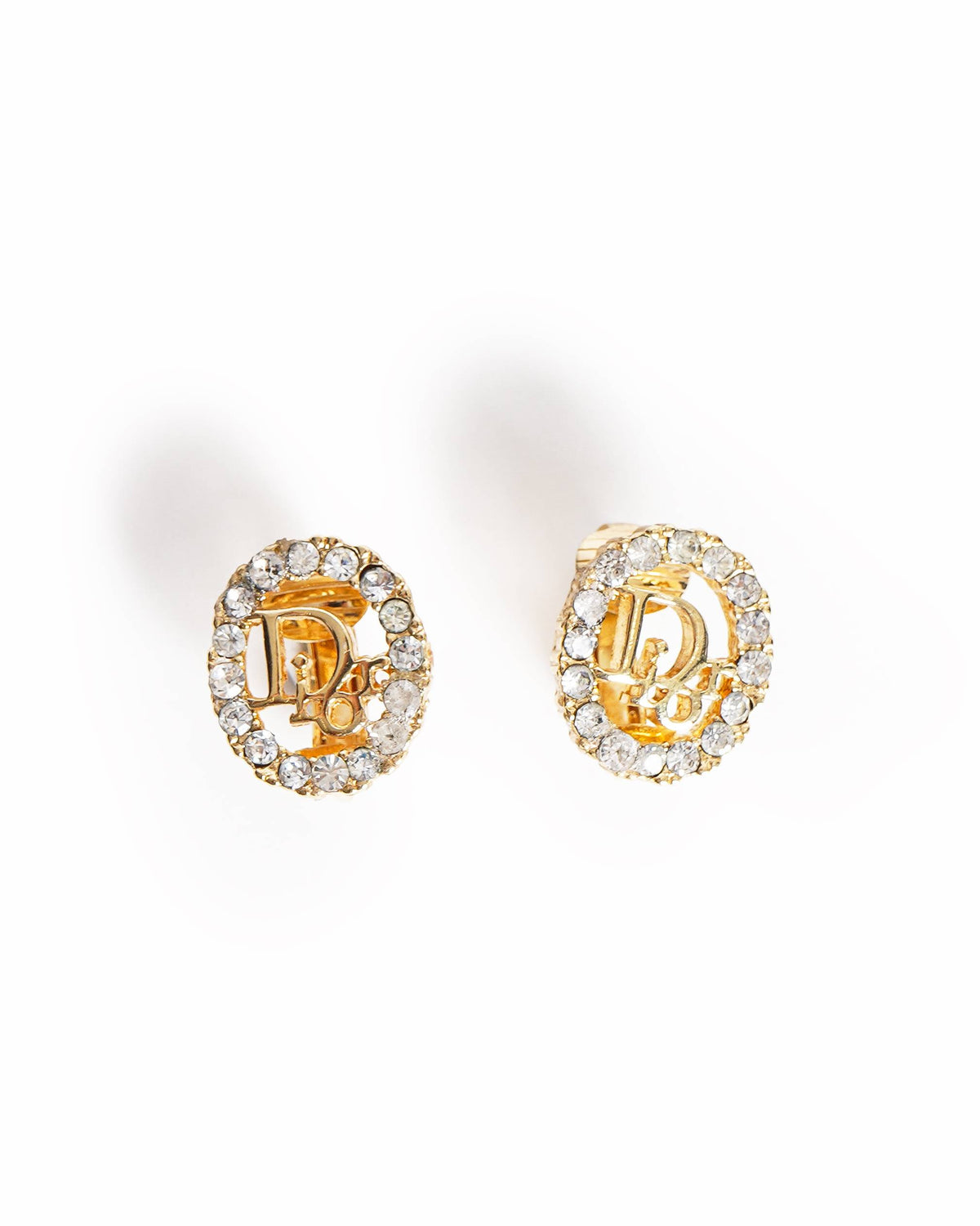 Vintage Christian Dior Gold-Plated Rhinestone CD Oval Hoop Earrings